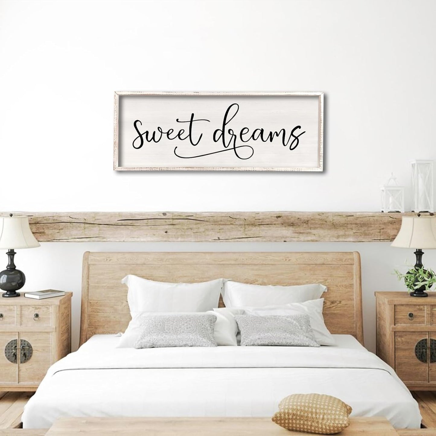 comurdyo Sweet Dreams Wall Decor Above Bed Sign 32" x 12" Master Bedroom Wooden Antique Framed Large Rustic Farmhouse Guest Room Beautiful Simple Hanging Plaque Over Bed Wall Art (White)