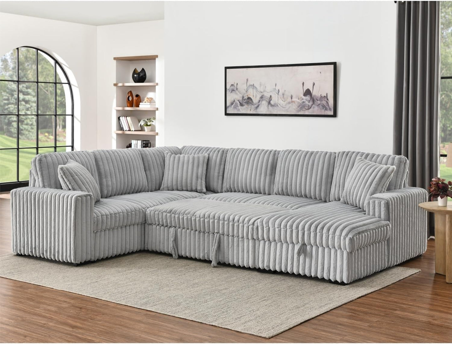 THSUPER 122-Inch Oversized U Shaped Plush Corduroy Fluffy Sectional Sleeper Sofa with Pull Out Bed, Storage Chaise Lounge and USB Charging Port - Gray