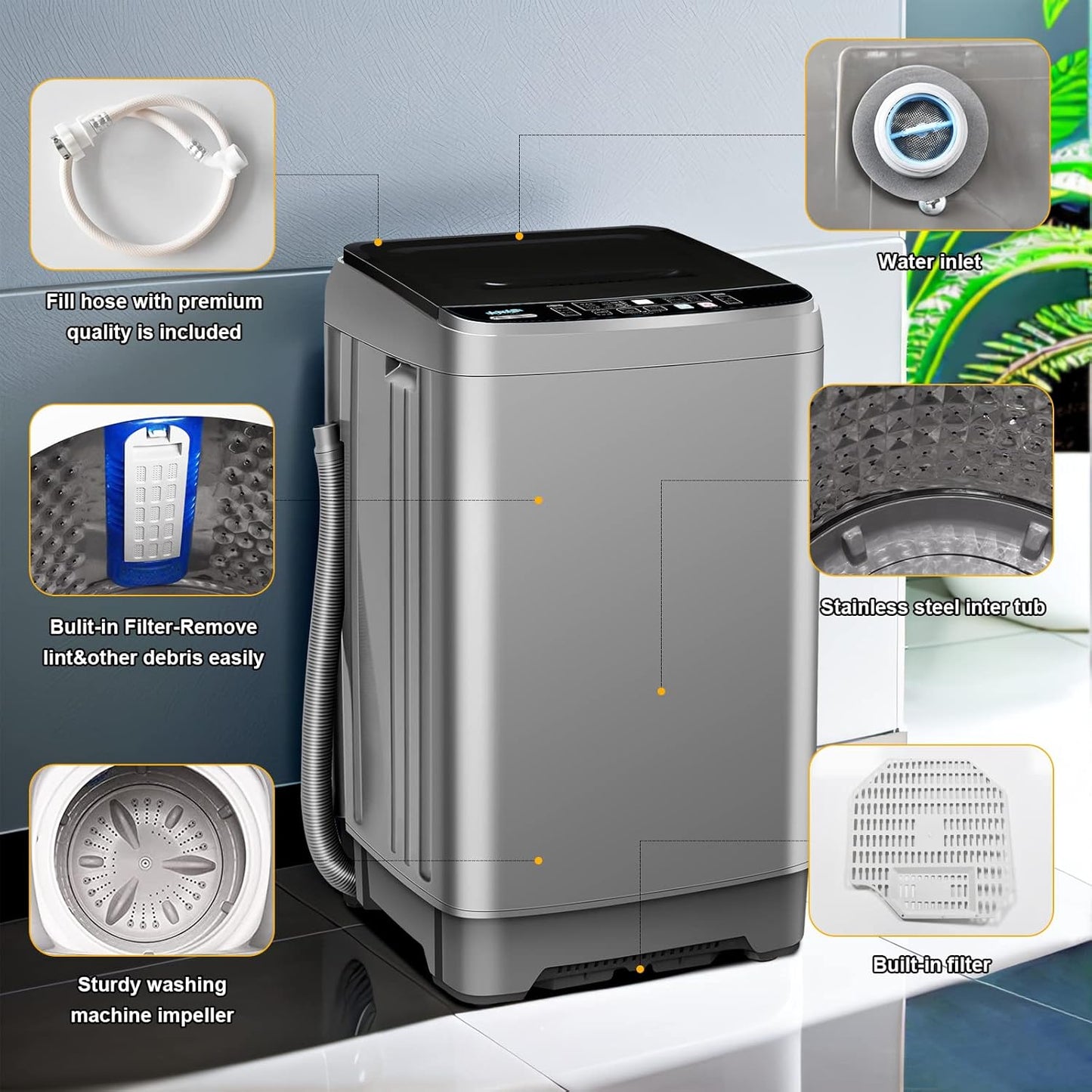 Portable Washing Machine 2.3 Cu. Ft. Full-Automatic Compact Washer Machine for Apartment, 10 Wash Program Small Portable Washer for Dorm, Apartment, RV, Home, Silver