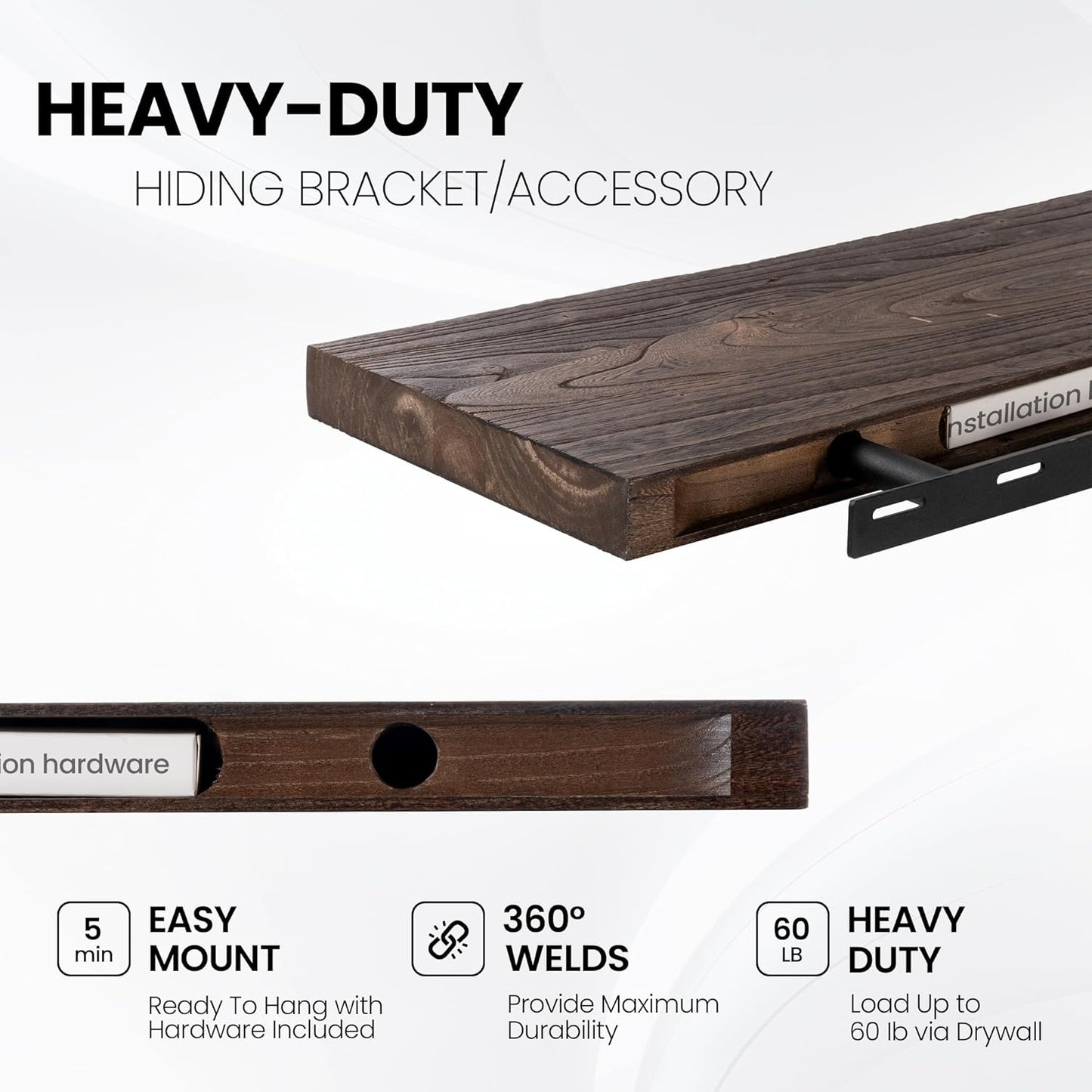 Floating Shelves for Wall, 36"x9.3" Rustic Solid Live-Edge Elm Wood Wall Shelves, Heavy-Duty Floating Shelves with Invisible Brackets, Set of 2 for Living Room, Bedroom, and Kitchen, Walnut Finish
