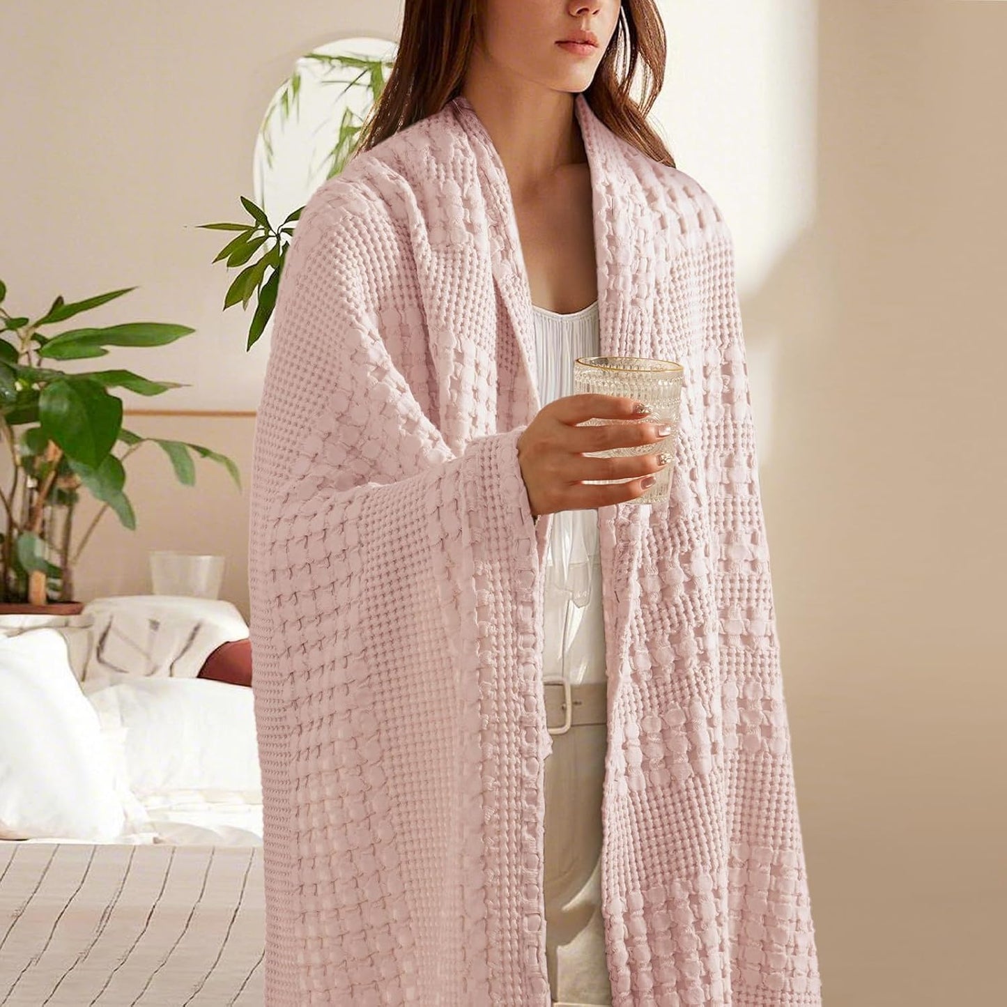 PHF 100% Cotton Waffle Weave Throw Blanket, Soft Lightweight Breathable Cozy Summer Throws for Couch Bed Sofa, Luxury Aesthetic Woven Blanket for Home Decor & Office, 50"x60", Pink/Mauve