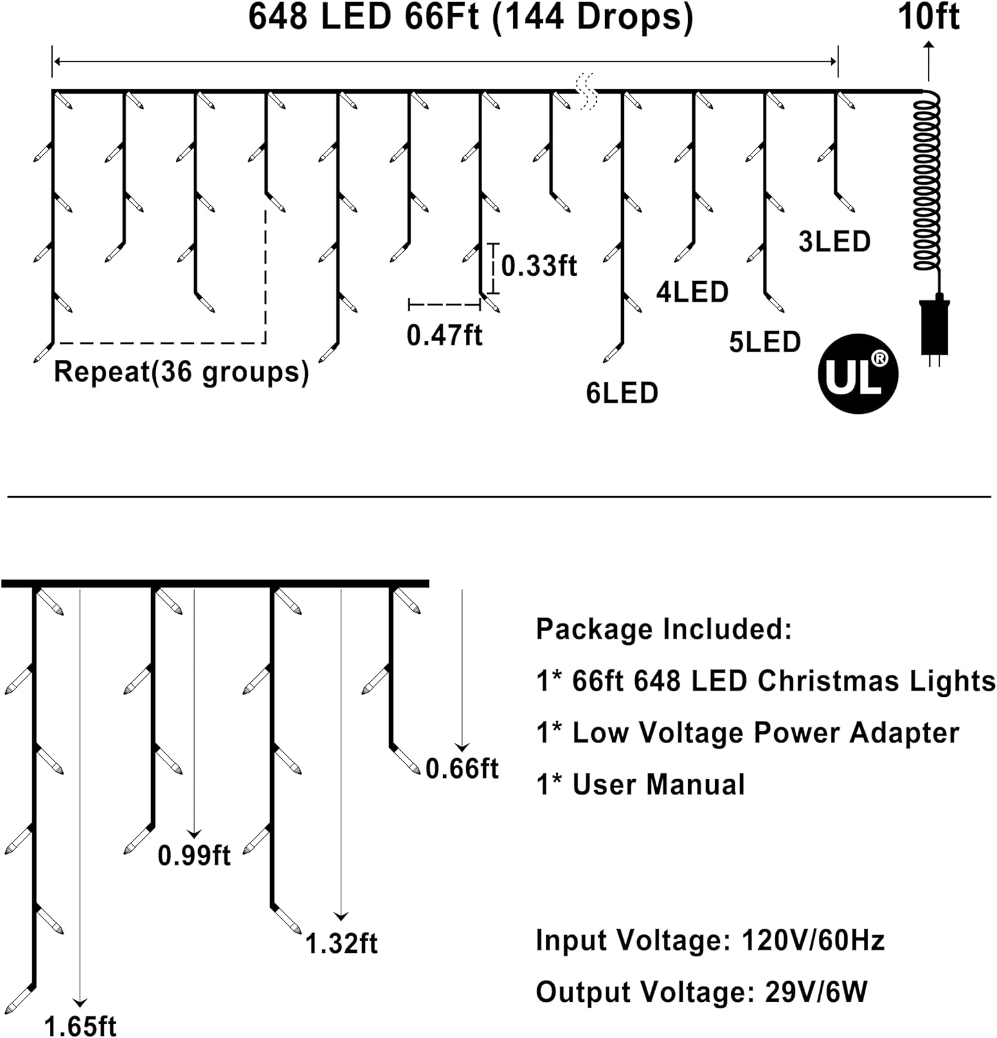 648 LED Christmas Lights with 144 Drops, 66ft 8 Modes Christmas String Lights Outdoor, Waterproof Christmas Decorations Fairy Lights with Timer Memory for Xmas Party Patio Window Fence Warm White