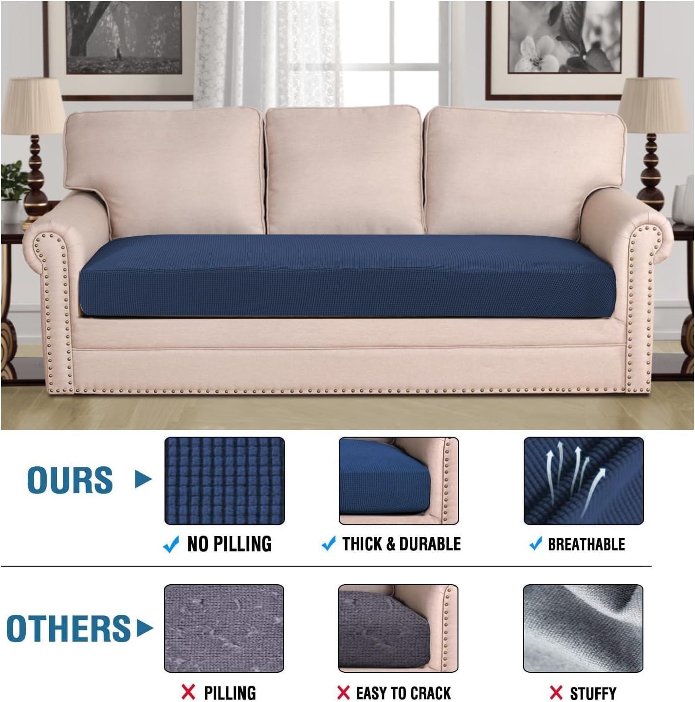 H.VERSAILTEX Super Stretch Individual Seat Cushion Covers Sofa Covers Couch Cushion Covers Slipcover Sets Thick Jacquard Textured Twill Fabric (1 Piece Sofa Cushion Cover, Navy)