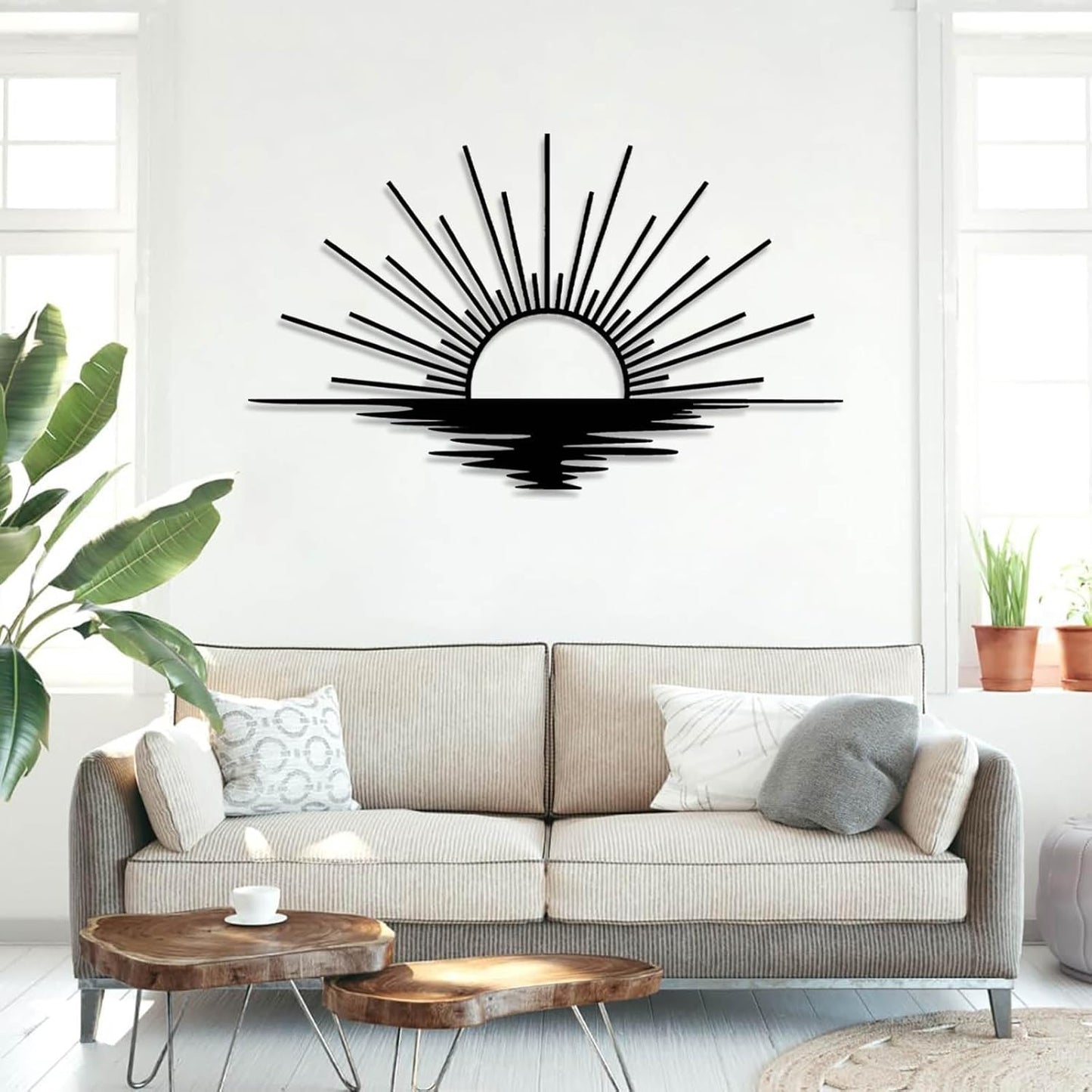 Sunrise Metal Wall Art, Metal Sun Wall Decor, Sun Outdoor Wall Art, Abstract Sunrise Wall Decor, Boho Home Hanging, Living Room Wall Hanging (Silver, 41"x25"/105x63cm)