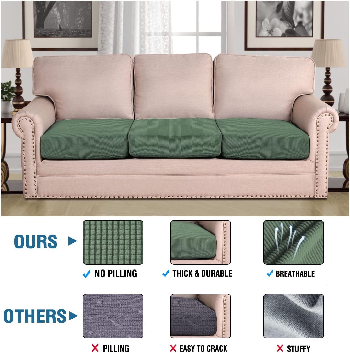 H.VERSAILTEX Super Stretch Individual Seat Sofa Covers Couch Cushion Covers Slipcover Sets Thick Jacquard Textured Twill Fabric (3 Piece, Loden Frost)