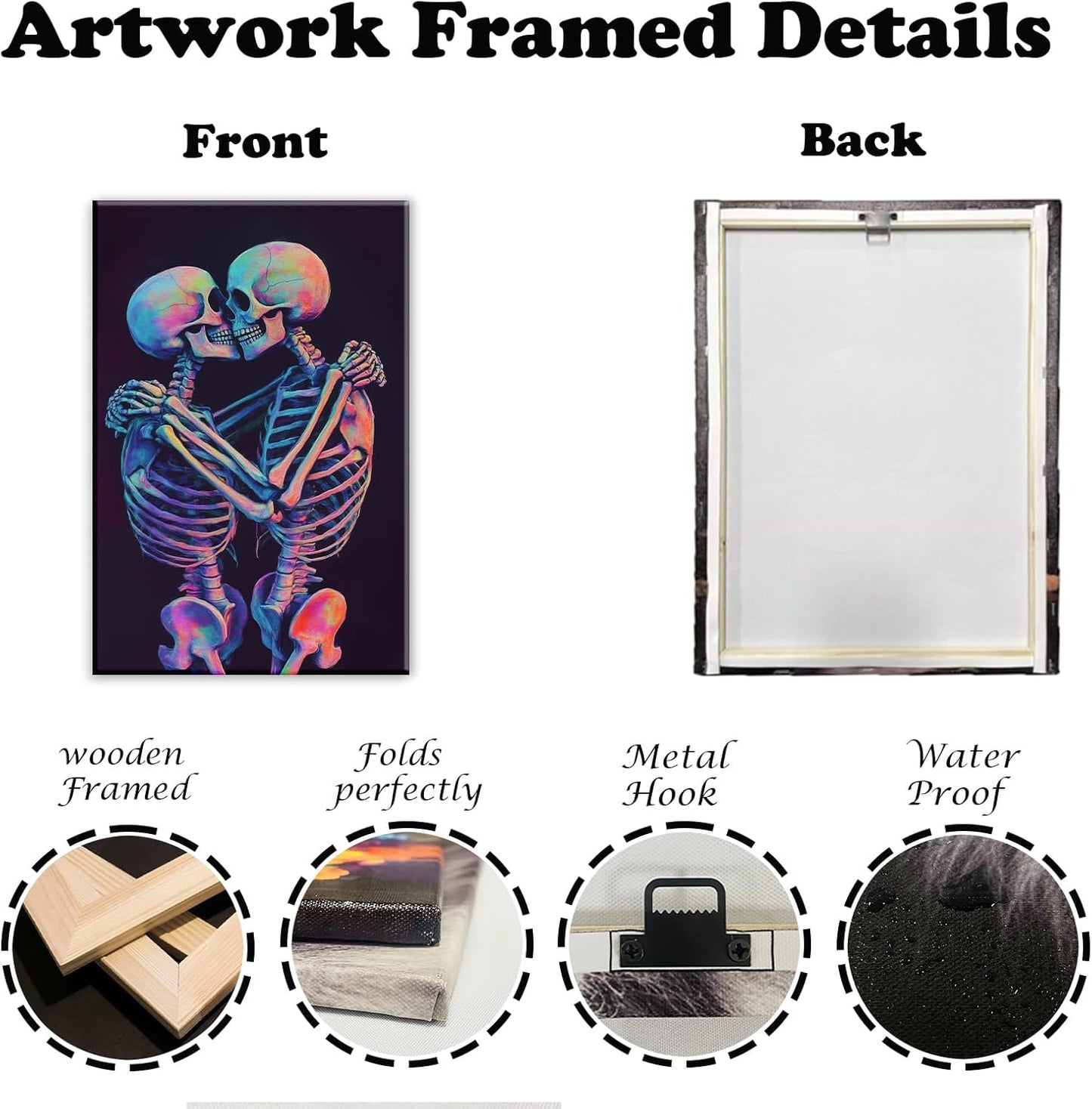Skeleton Wall Art Kissing Skull Art Poster Skeleton Lover Picture Print On Canvas Abstract Horrible Theme Painting Framed Artwork Living Room Decor(Artwork-3,16"x24")