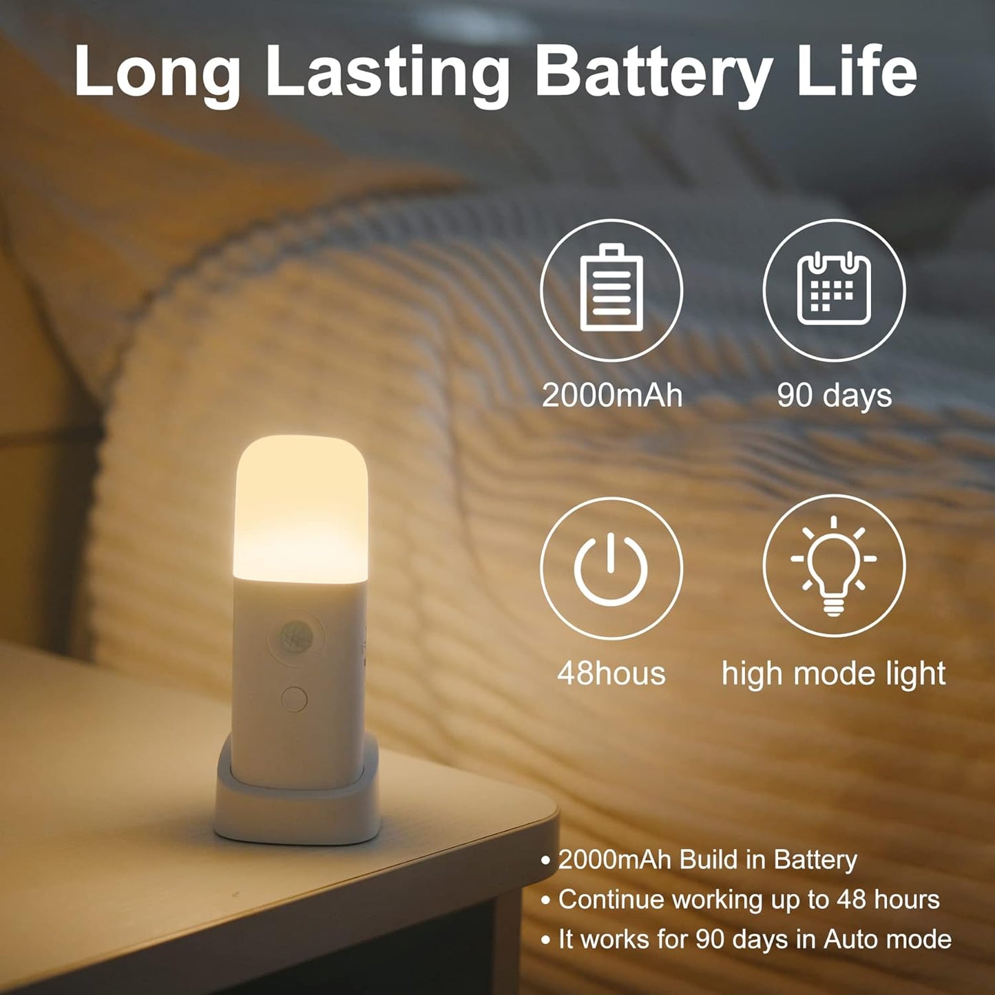 Rechargeable Motion Sensor Night Light, Battery Operated nightlights, Dimmable Motion Sensor Light Indoor, Cordless Motion Activated Night Lights for Adults, Bathroom, Bedroom, Hallway(2Pack)