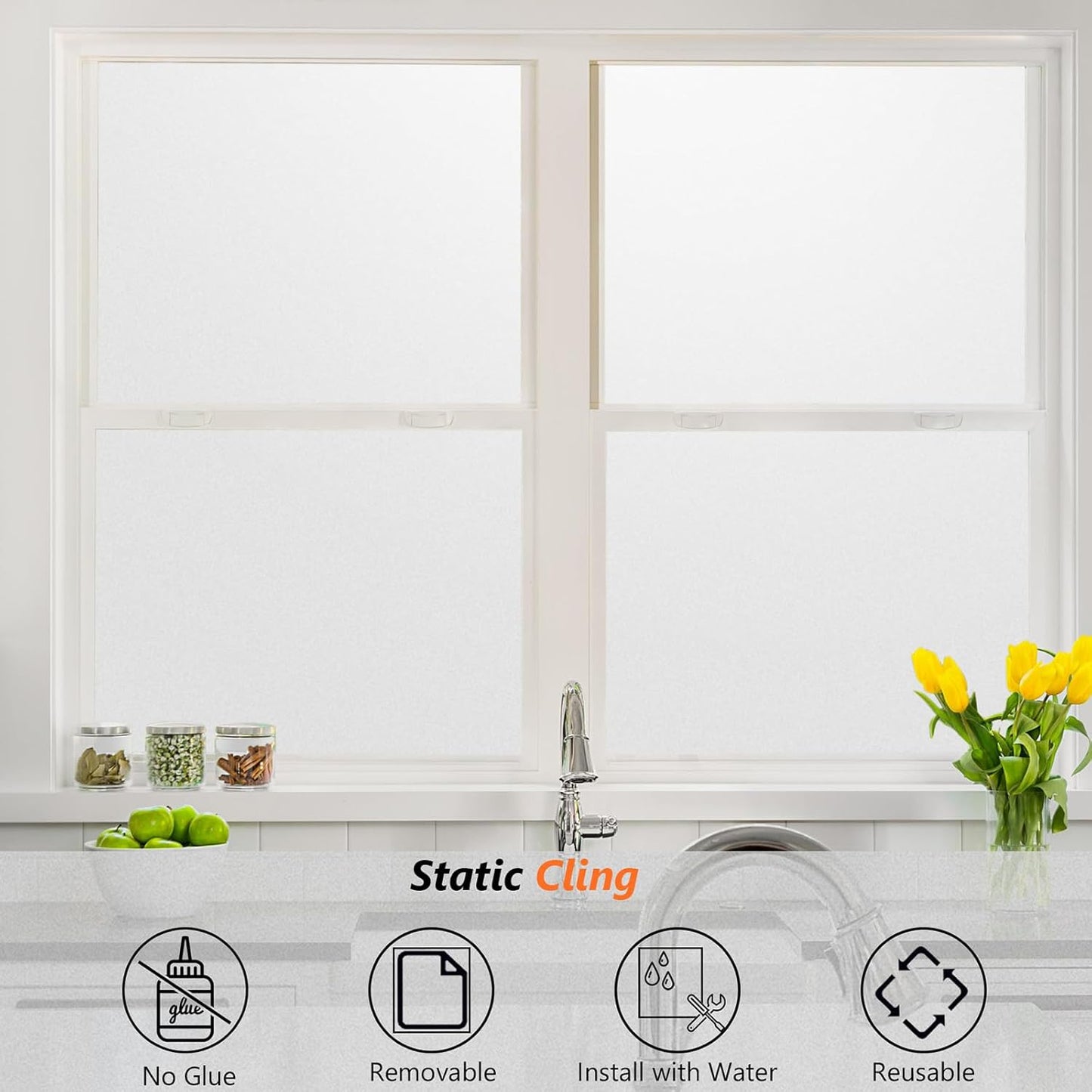 Kromapolis Window Privacy Film Frosted Glass Window Film, Heat Blocking Privacy Film for Glass Windows, Static Cling Non-Adhesive Frosting Window Stickers for Door Home (Frosted, 23.6 x 78.7 inch)
