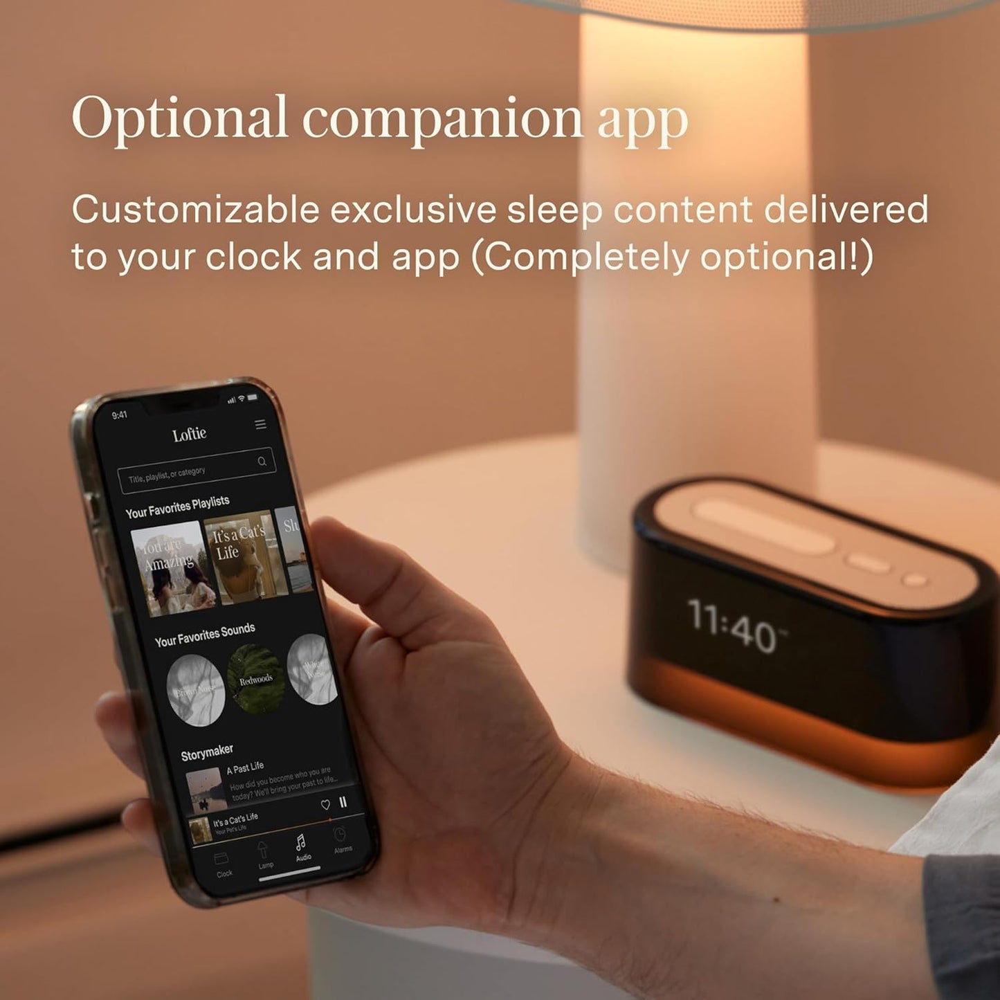 Loftie Alarm Clock with Sound Machine – Smart Alarm Clock with Light, White Noise, Bluetooth Speaker, Night Light Sound Machine, 100+ Sounds, Blackout Mode, No WiFi Mode, Optional Subscription - Peach