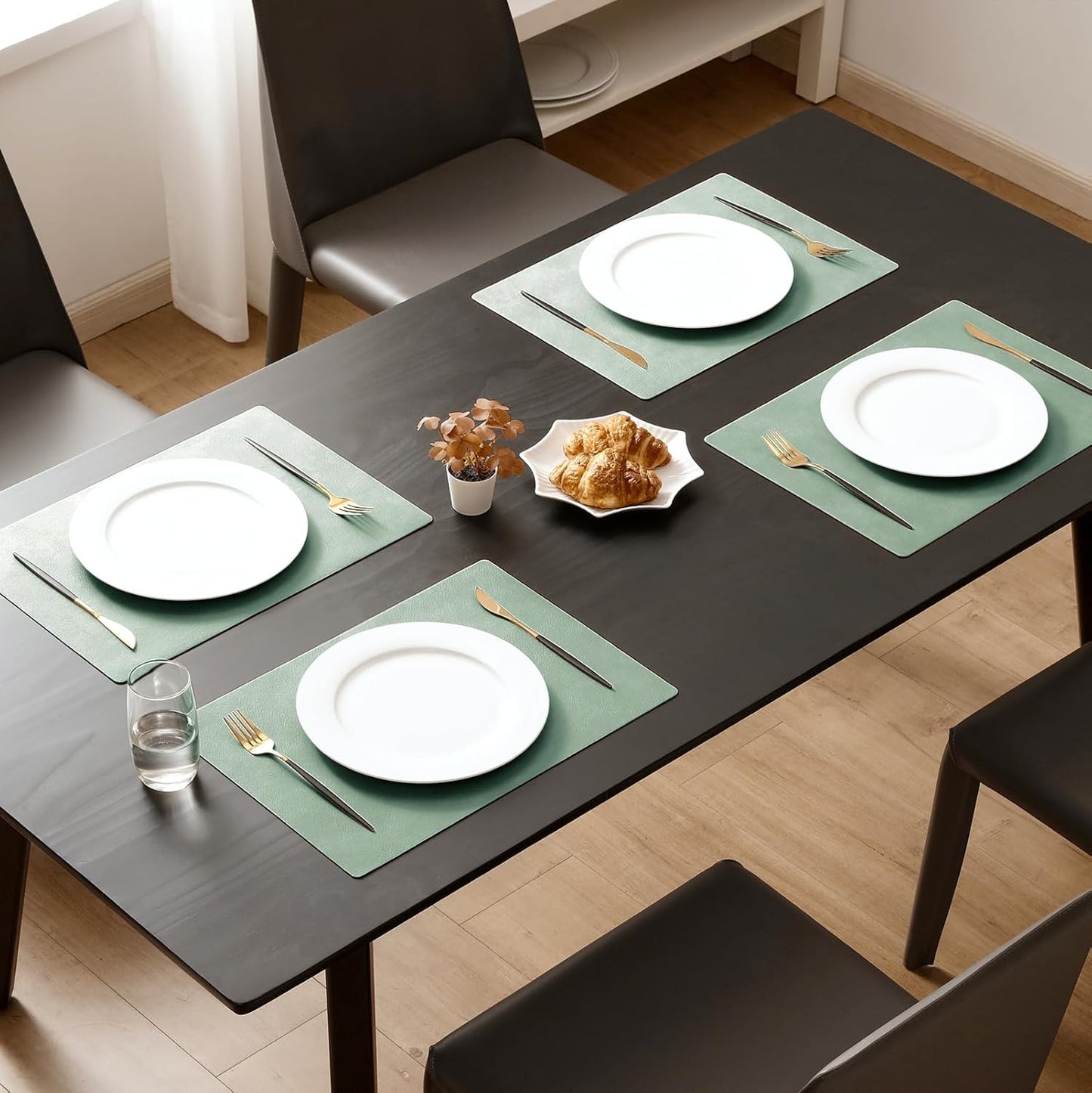 MOSAYT Vinyl Placemats Set of 12-12 X 17 Inch - Faux Leather 100% Waterproof Oil-Proof Wipeable PU Place Mats, Heat Resistant Reversible Table Mats for Kitchen, Dining, Outdoor (Green)