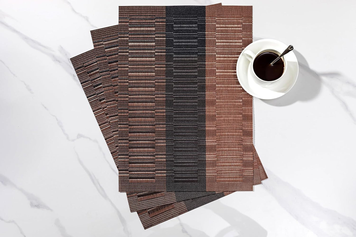 LEXMORE PlaceMats Set of 12 Vinyl/Plastic Woven Place Mats for Kitchen Table Indoor/Outdoor Washable PlaceMat Wipeable Dining Table Mats(Ombre Brown Black)
