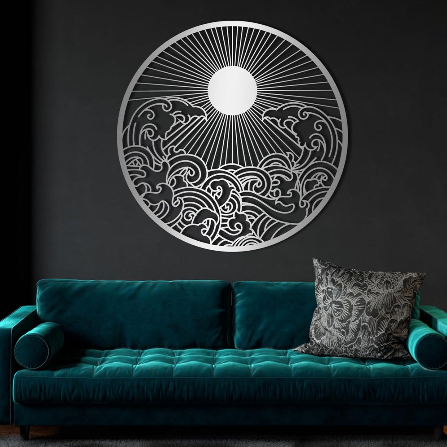 flyoak Metal Sun Wall Decor Outdoor, Sunrise Metal Wall Art, Metal Wave Wall Art, Sunrise and Wave Wall Decor, Sunburst Wall Art, Sunset Wall Art, Wall Hangings for Bedroom (Black, 24x24in|60x60cm)