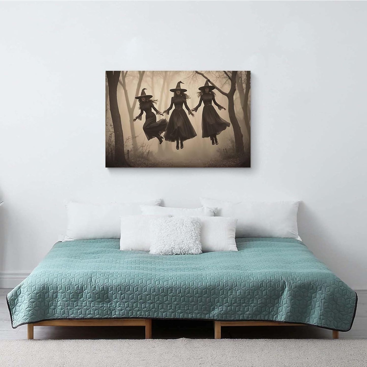 JFHCQJPK Three ghost witches flying in vintage forest gothic wall art witchcraft decoration holiday gift canvas wall art print12x16in Frameless