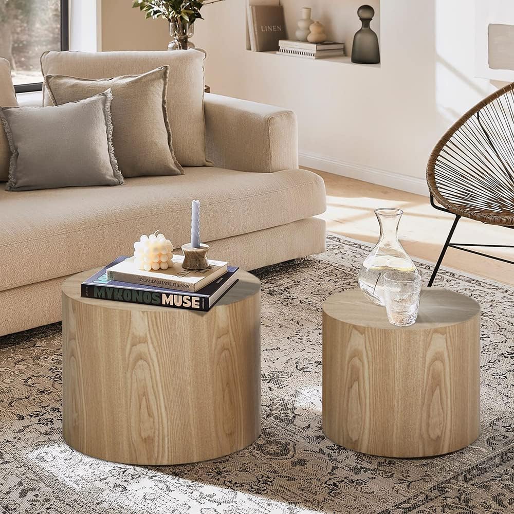 WILLIAMSPACE Nesting Coffee Table Set of 2, Round Wooden Coffee Tables Circle Modern Table for Small Space Living Room Bedroom Accent End Side Table (Wooden Color-Round)
