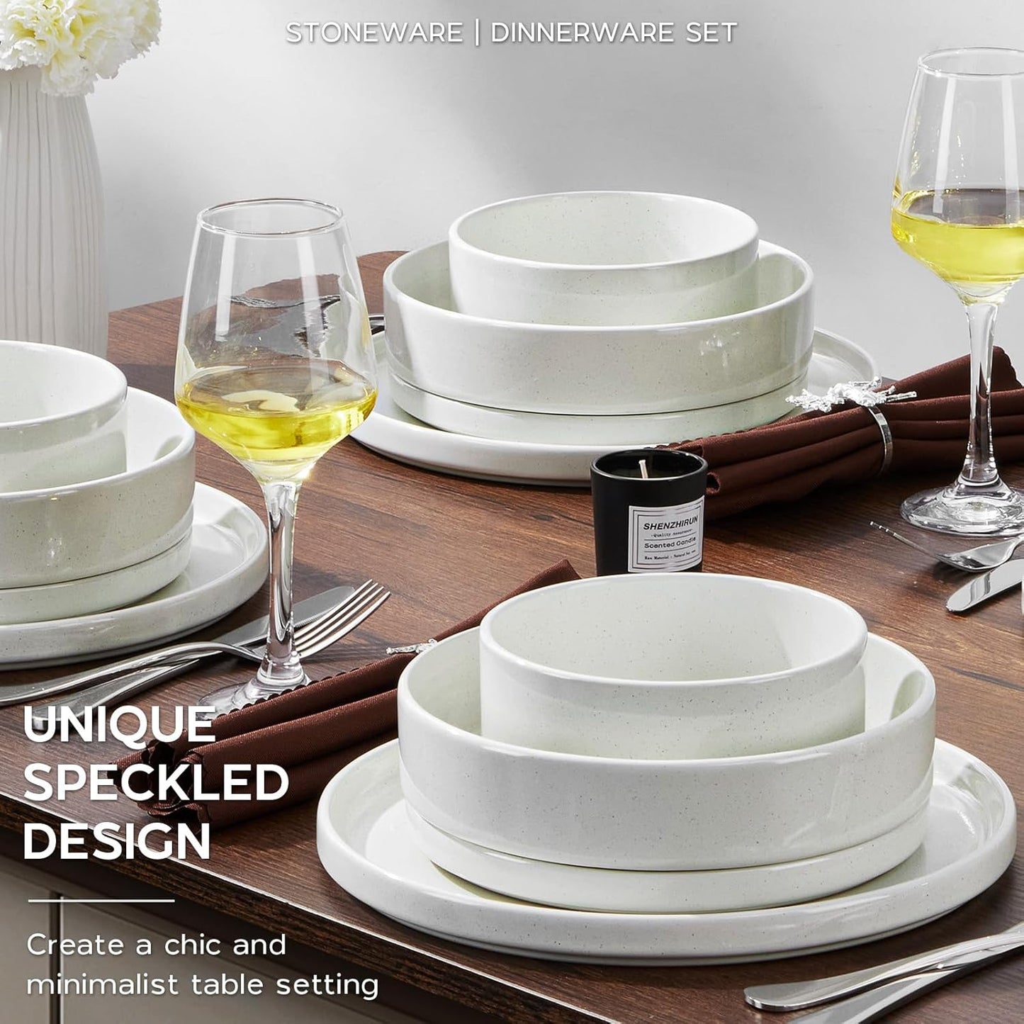 Onader 24 Piece Dinnerware Sets with Pasta Bowls for 6, Stoneware Plates and Bowls Dish Sets, Ceramic Speckled Dinner Dishware for Kitchen Dining, Microwave & Dishwasher Safe - Cloud White