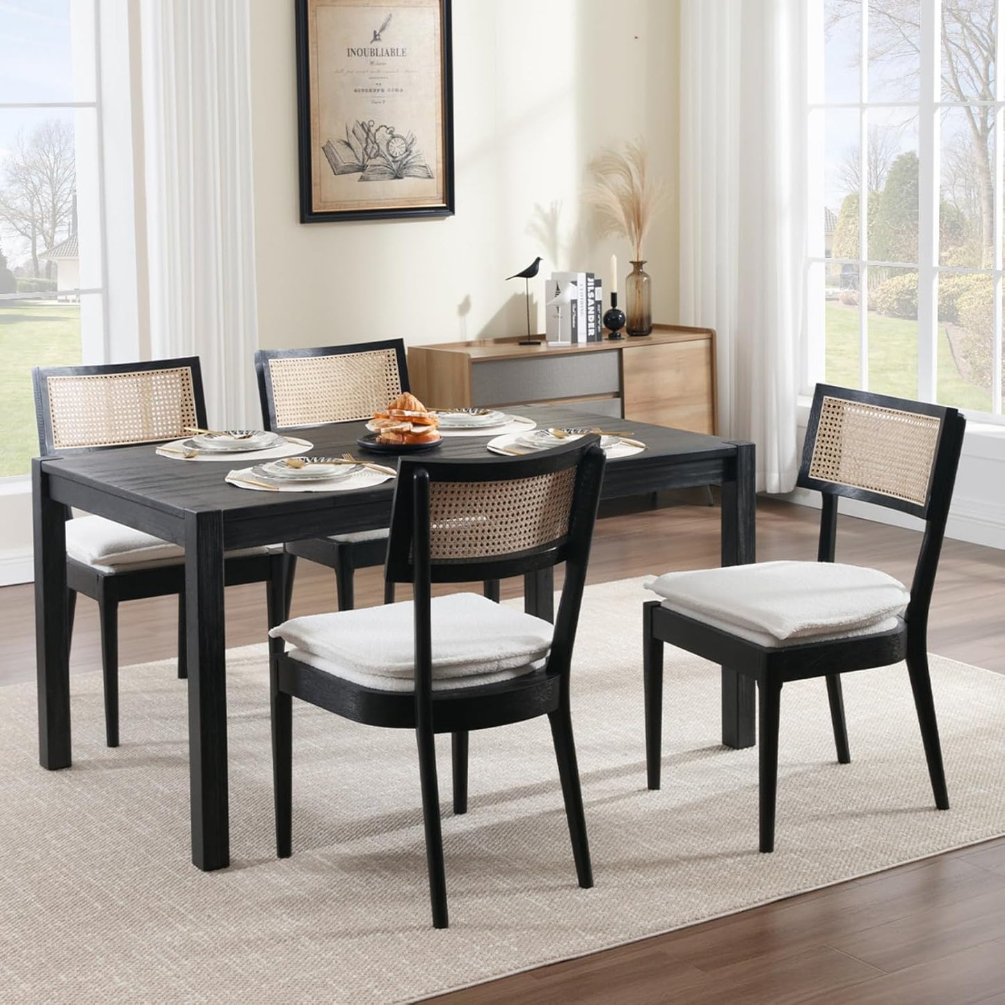 Rattan Dining Chairs Set Of 4 , Mid Century Modern Black Wooden Cane Back Chairs with Removable Sherpa Cushion , Retro Farmhouse Upholstered Kitchen & Dining Room Chairs for Restaurant Living Room