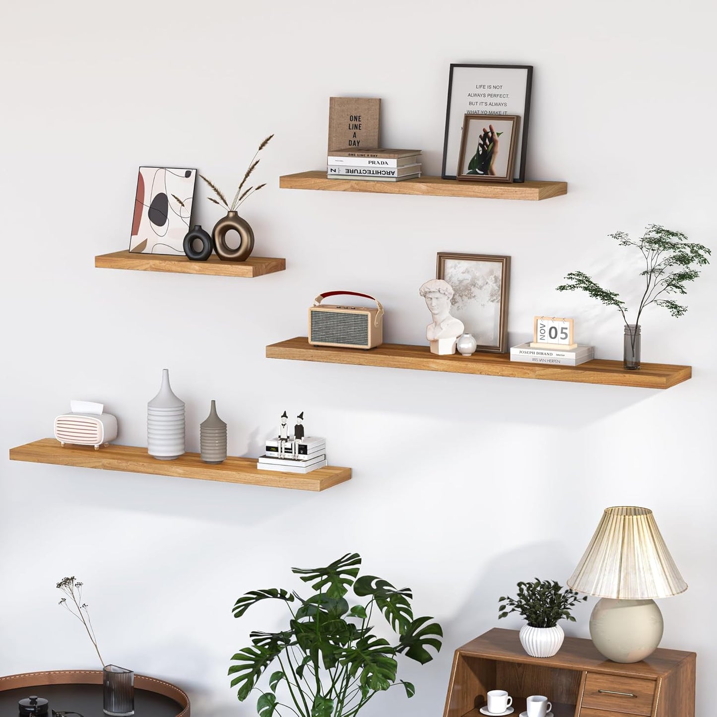 Fun Memories Floating Shelves for Wall, 48"x9.3" Rustic Solid Elm Wood Shelves, Heavy-Duty Wall Mounted Shelves with Invisible Brackets for Living Room, Bedroom, Kitchen, Natural Finish