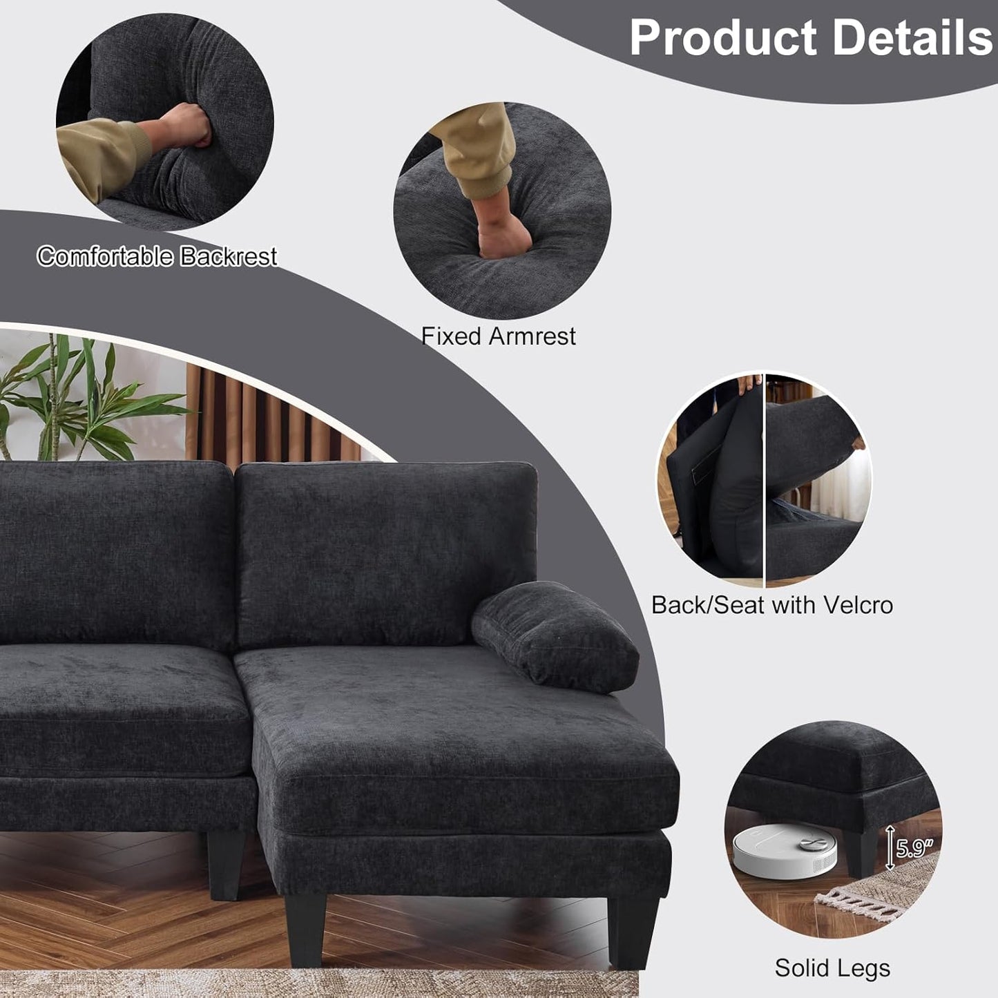 Karl home U-Shape Sectional Sofa Couch 111" Modern 4-Seat Sofa with Chaises Chenille Fabric Upholstered Covertible Couch with Wood Grain Legs for Living Room, Reception Room, Apartment, Black