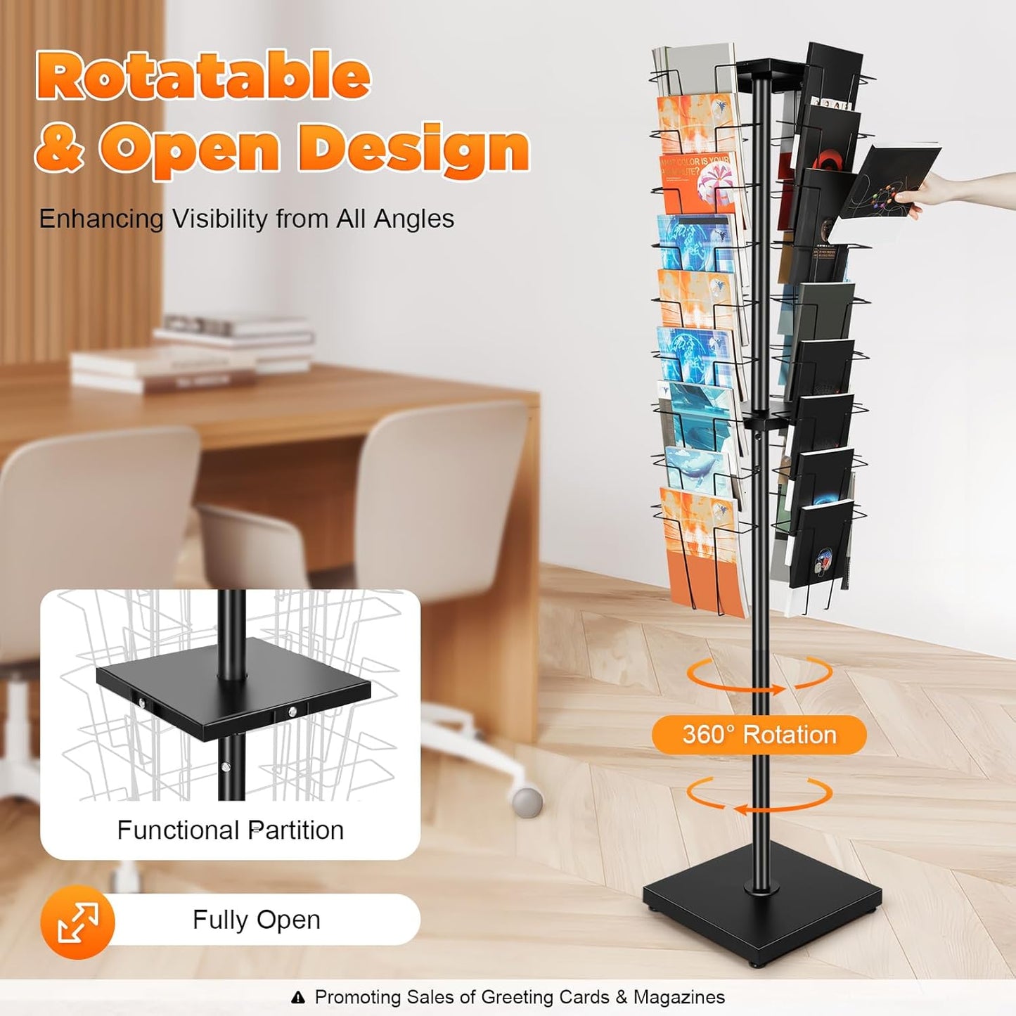 Cashewnuts 36 Pockets Rotating Magazine Rack Floor Standing 360 Degrees Rotating Brochure Display Stand Metal Literature Book Storage for Brochures, CD, DVD, 5.28ft Height
