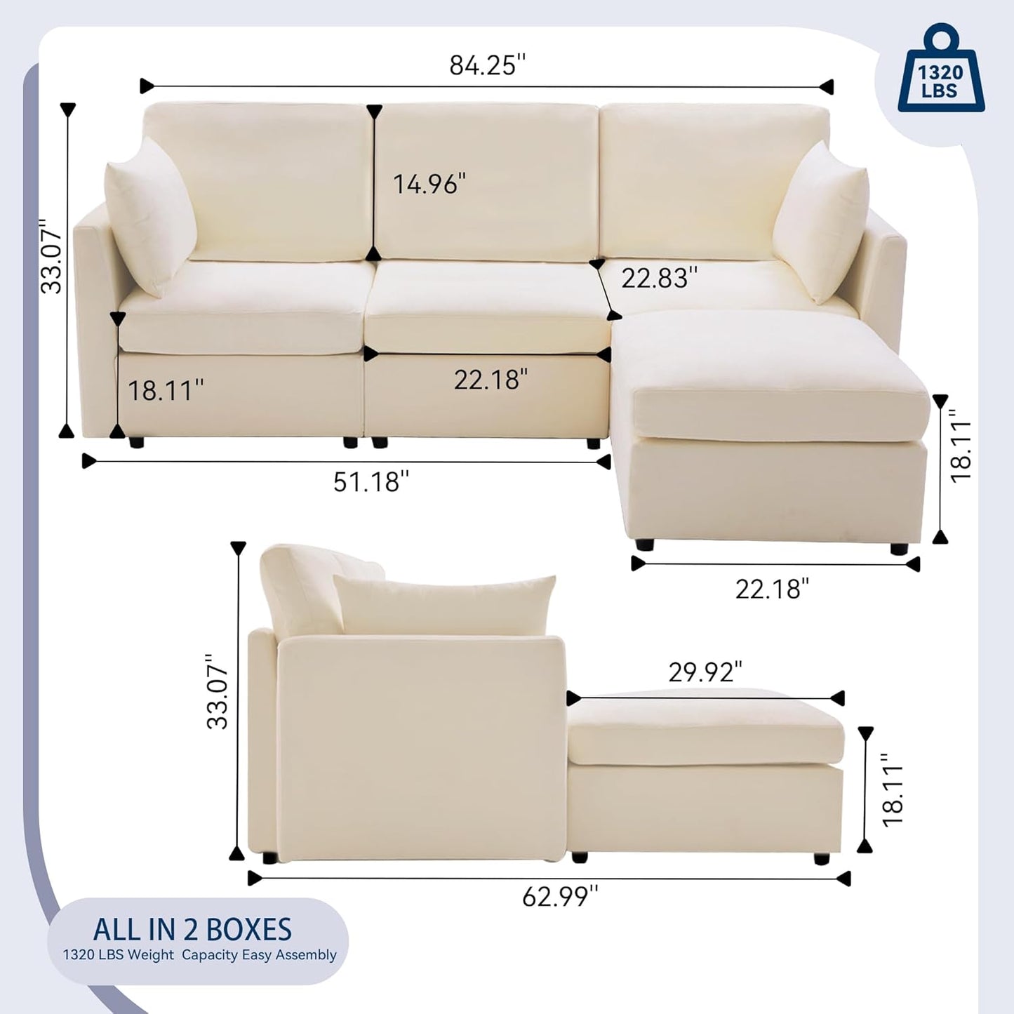 Tbfit 85" Convertible L Shaped Couch, Sectional Sofa for Living Room,Chenille Cloud Couch with Ottoman 4 Seat (Beige)