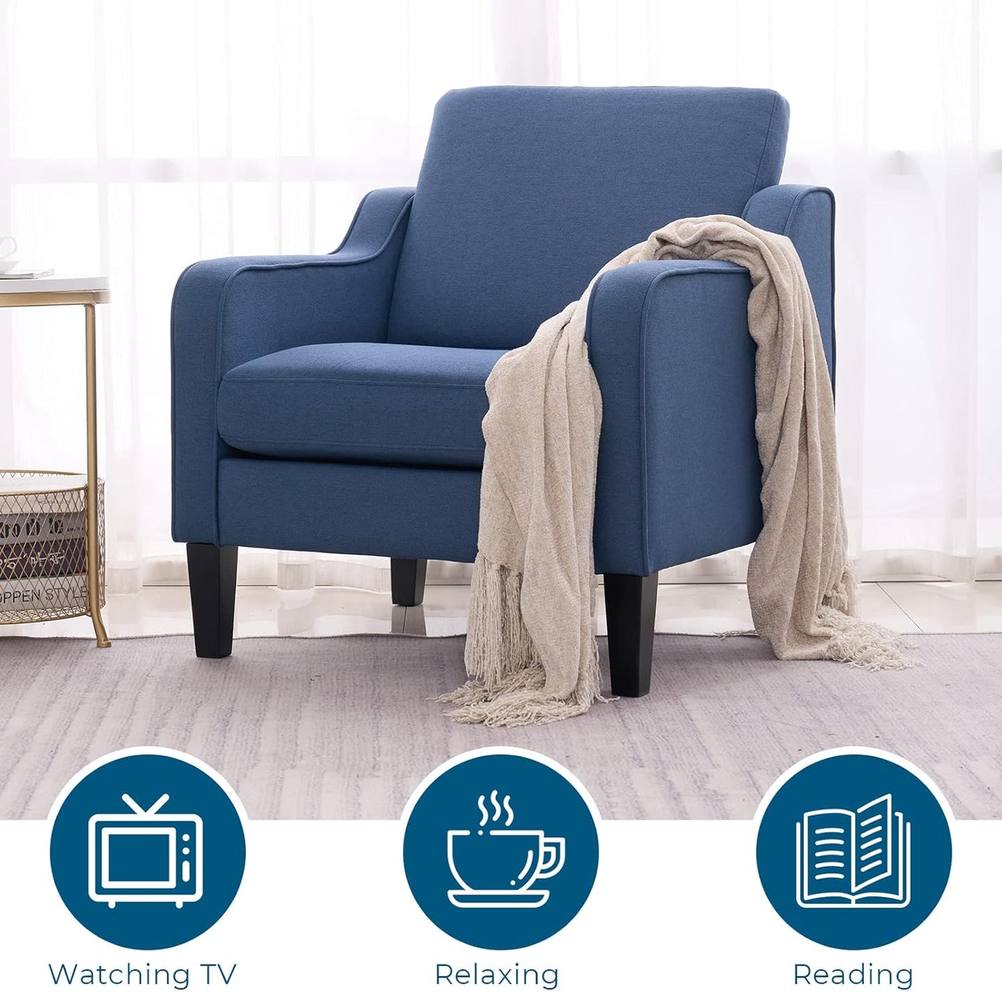 VINGLI Mid Century Modern Accent Chair, Navy Blue Fabric Accent Chairs for Living Room, Upholstered Armchair with Scooped Arms for Bedroom, Apartment, Studio, Office, Waiting Room