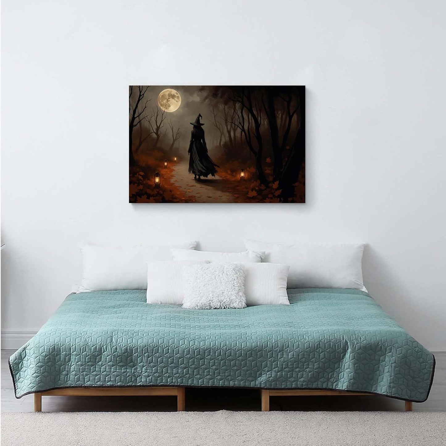 Moonlight witch poster dim lantern Halloween decoration Gothic style dark retro college style canvas wall art suitable for living room bedroom12x16in Wood Framed