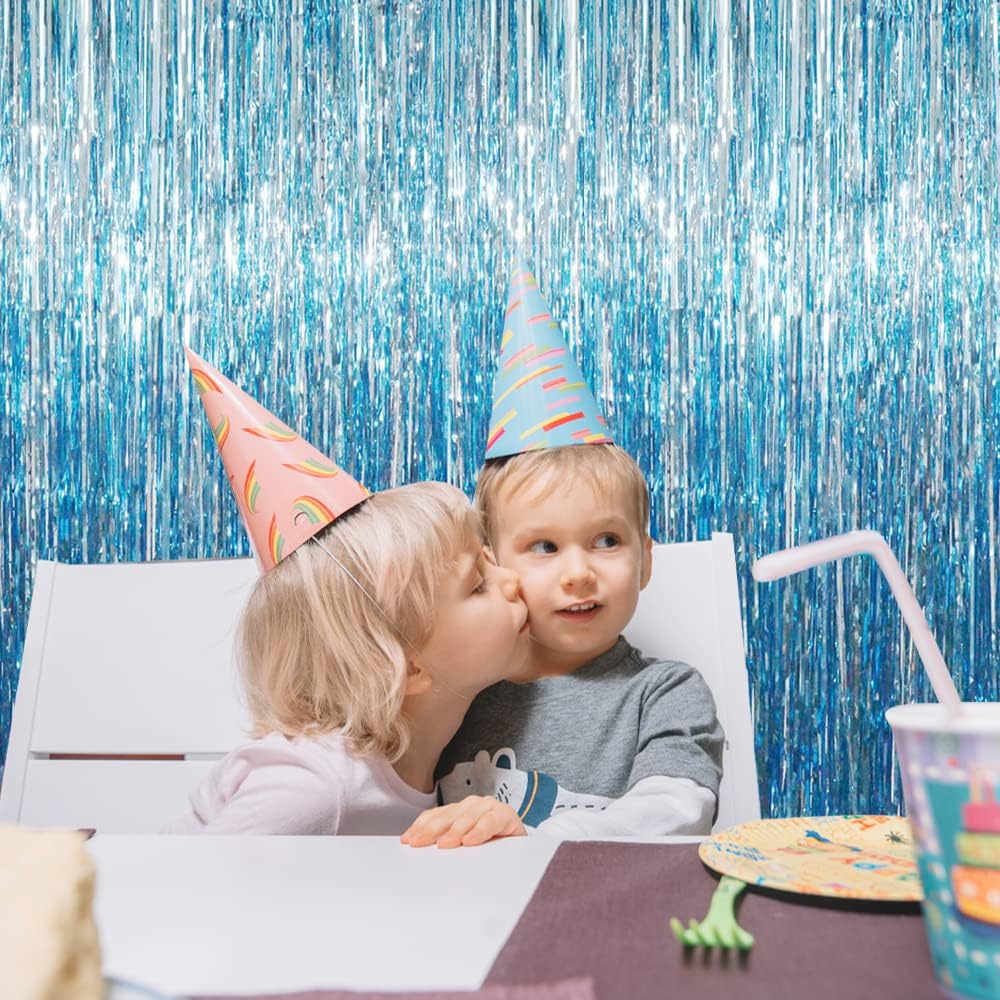 GOER 3.2 ft x 9.8 ft Metallic Tinsel Foil Fringe Curtains Party Photo Backdrop Party Streamers for Birthday,Graduation,New Year Eve Decorations Wedding Decor (Light Blue,3 pcs)