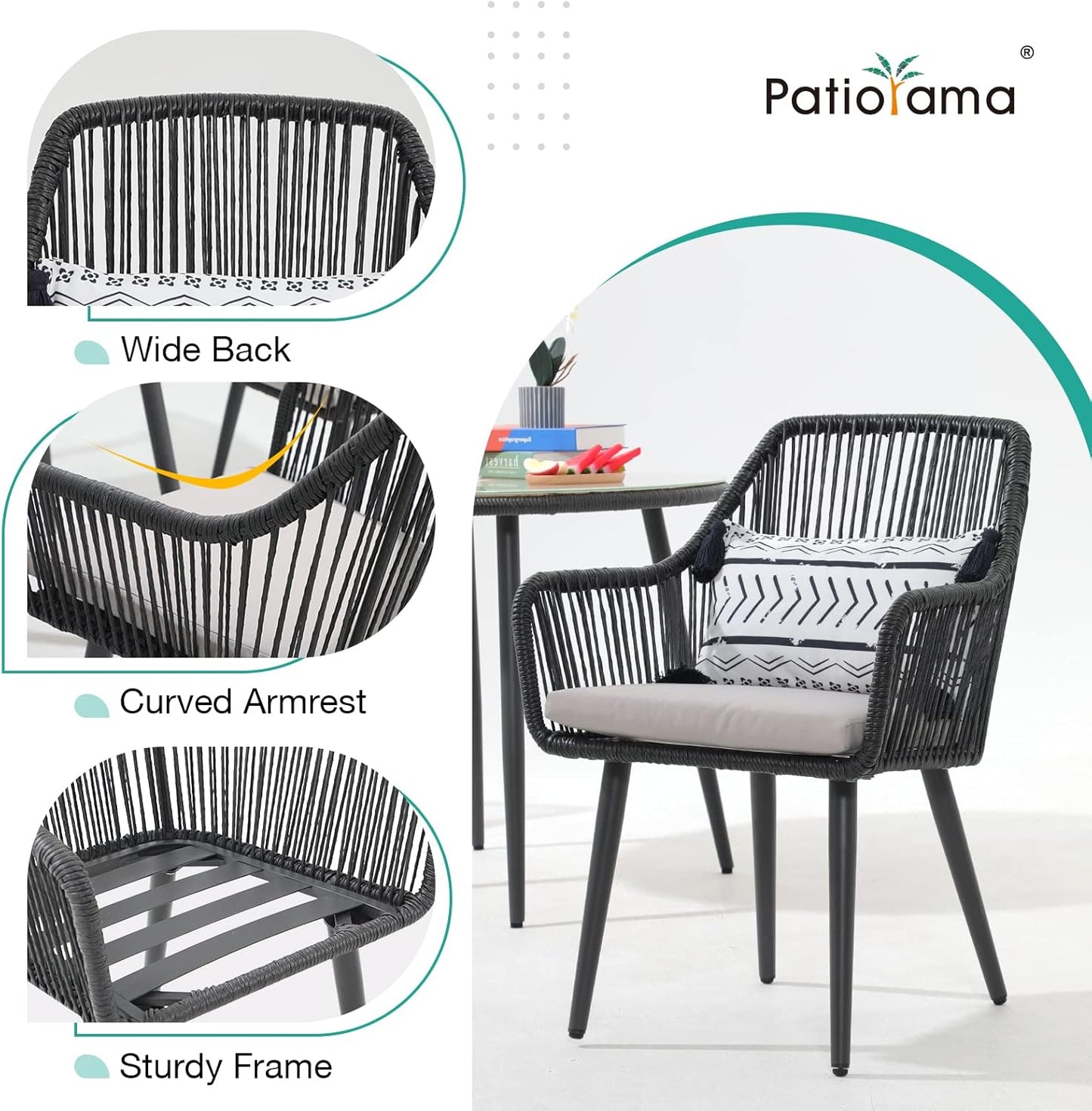 Patiorama Outdoor Dining Chairs, Patio Dining Chair Set of 4, All-Weather Woven Rope Rattan Chairs, Outdoor Dining Wicker Chairs with Armrests for Indoor Balcony Pool Backyard(Black)
