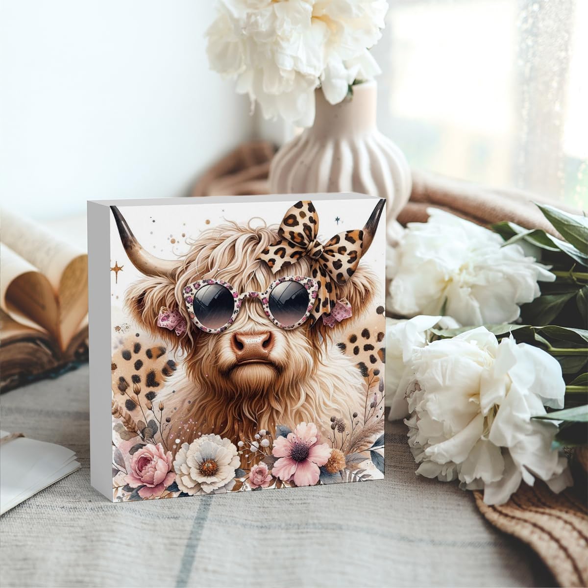 Highland Cow Decor, Highland Cow Gifts for women, Cow With Leopard Bow, Highland Cow Nursery Decor, Wooden Box Decor Sign for Home Farmhouse Office Living Room Table Shelf