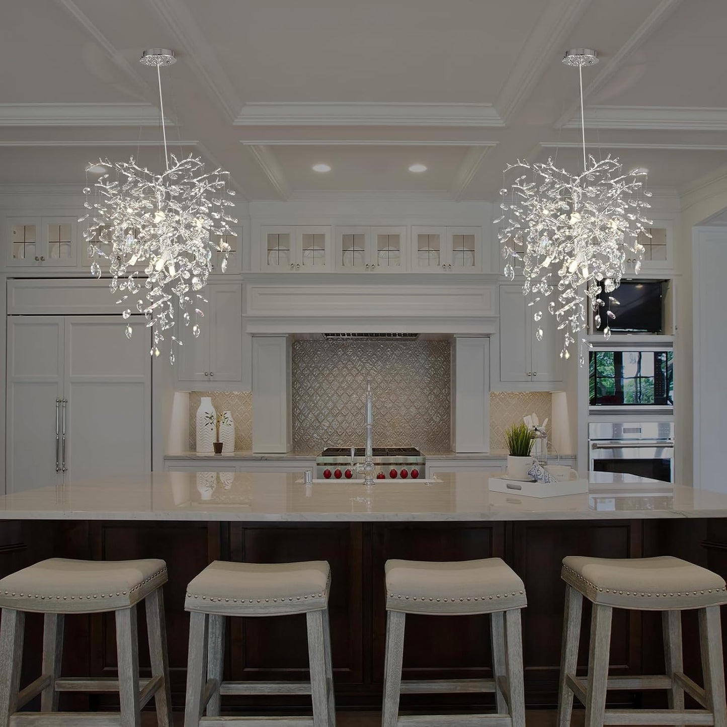 Silver Crystal Tree Branches Chandelier,21 Inchs 6 Lights Modern Round K9 Crystal Chandeliers for Dining Room, Bedroom, Living Room, Foyer,Kitchen Island,Bathroom