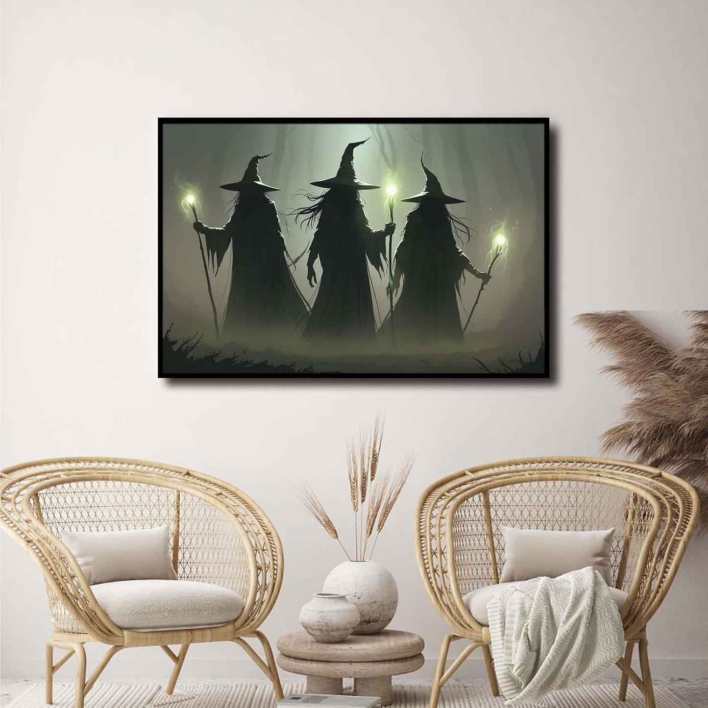 JFHCQJPK Vintage 3 witches canvas wall decor melancholy dark Halloween poster wall decor holding a staff print Gothic horror Halloween painting print for living room bedroom16x24in Metal blackFramed