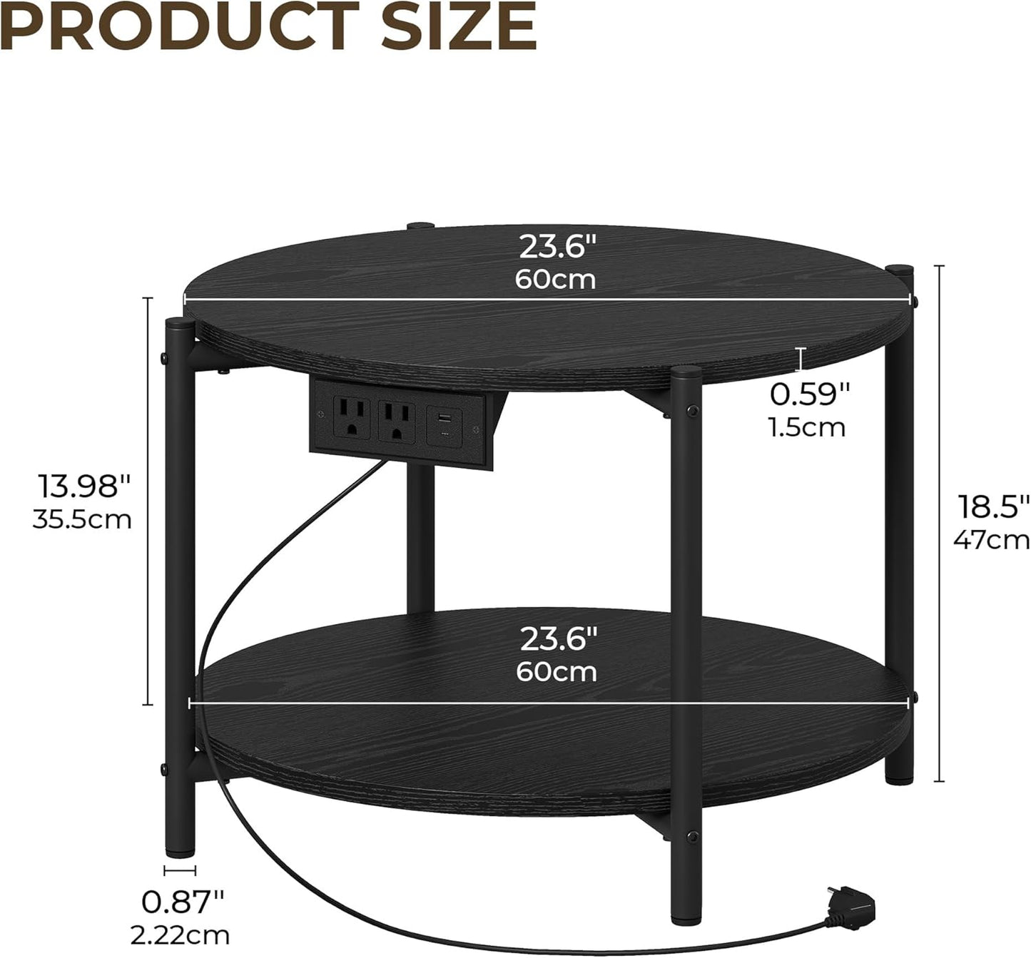 LIKIMIO Side Table, 23.6" W Round End Table with Charging Station, Modern Wooden Nightstand for Small Spaces, Living Room, Bedroom