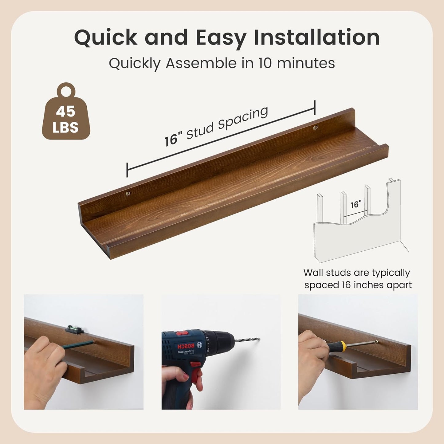 Picture Ledge Wall Shelves 24 inches Width Set of 3, Solid Pine Wood Rustic Floating Ledge Shelves for Wall for Kids' Room Bedroom Kitchen Bathroom Living Room Nursery Display Wall Decor, Walnut