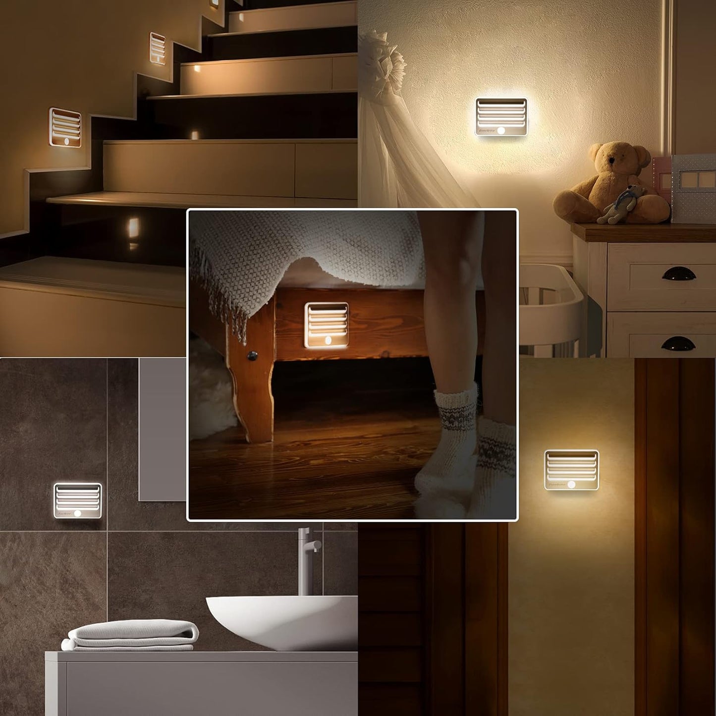 EverBrite Motion Sensor Night Lights, LED Soft Warm Light, Battery Powered Auto Stick-On Night Light for Bedroom, Bathroom, Stair, Closet, 9 AA Batteries Included(3 Pack)