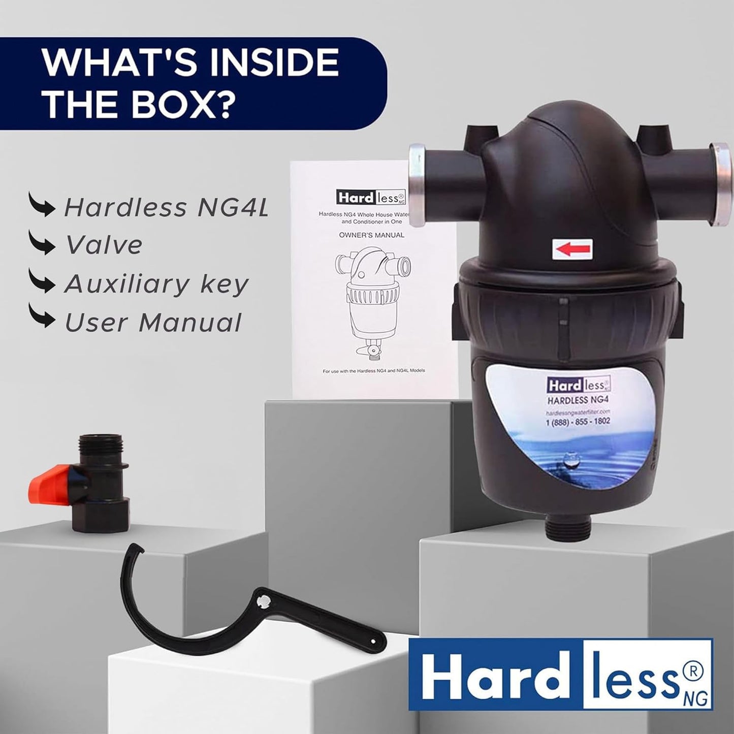 Hardless NG4 Whole House Water Filter - Salt-Free Softening Device - Reduces Limescale, Sediment & More - Compact, Easy to Install - Comes w/ 1" Inlet/Outlet- Filtration System for Extra Hard Water