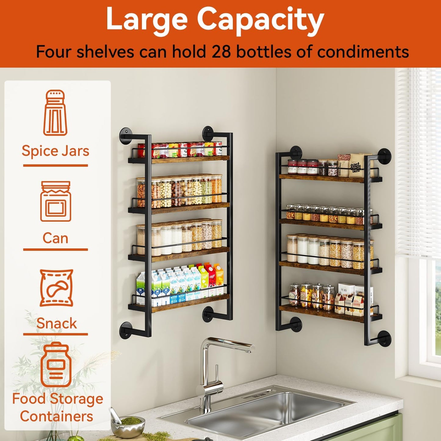 IBUYKE Spice Rack Wall Mount,4 Tier Hanging Seasoning Organizer,Large Spice Rack for Wall for up to 50 Jars,Spice Organization for Kitchen Cabinet,Bathroom,Pantry,Living Room,Brown TLJ016H
