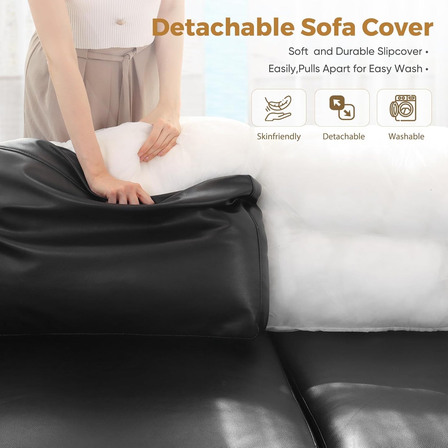91.5" Faux Leather Modular Sectional Sofa, L Shaped Couch Set for Living Room, 3-Seater Comfy Cloud Couches with Movable Storage Ottoman,DIY Combination - Black