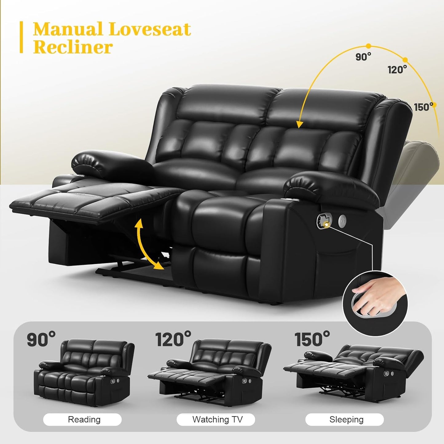 RV Loveseat Recliner Sofa, PU Leather RV Reclining Loveseat with USB Charge Ports, Cup Holders, 2 Seater Manual Pull Tab Recliner Sofa Couches for Living Room/RV, Black