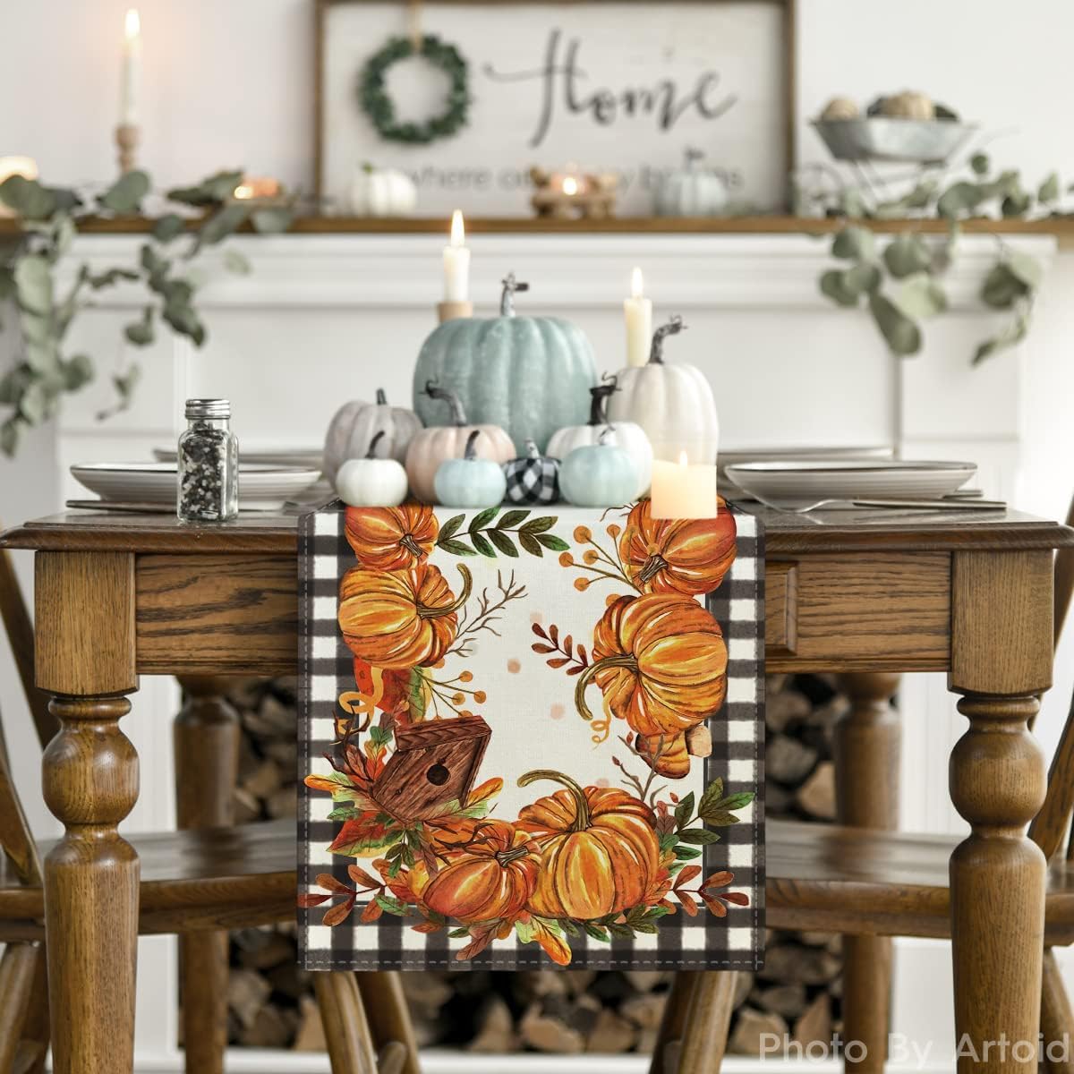 Artoid Mode Buffalo Plaid Pumpkin Mushroom Birdhouse Leaves Fall Table Runner, Autumn Kitchen Dining Table Decoration for Home Party Decor 13x60 Inch