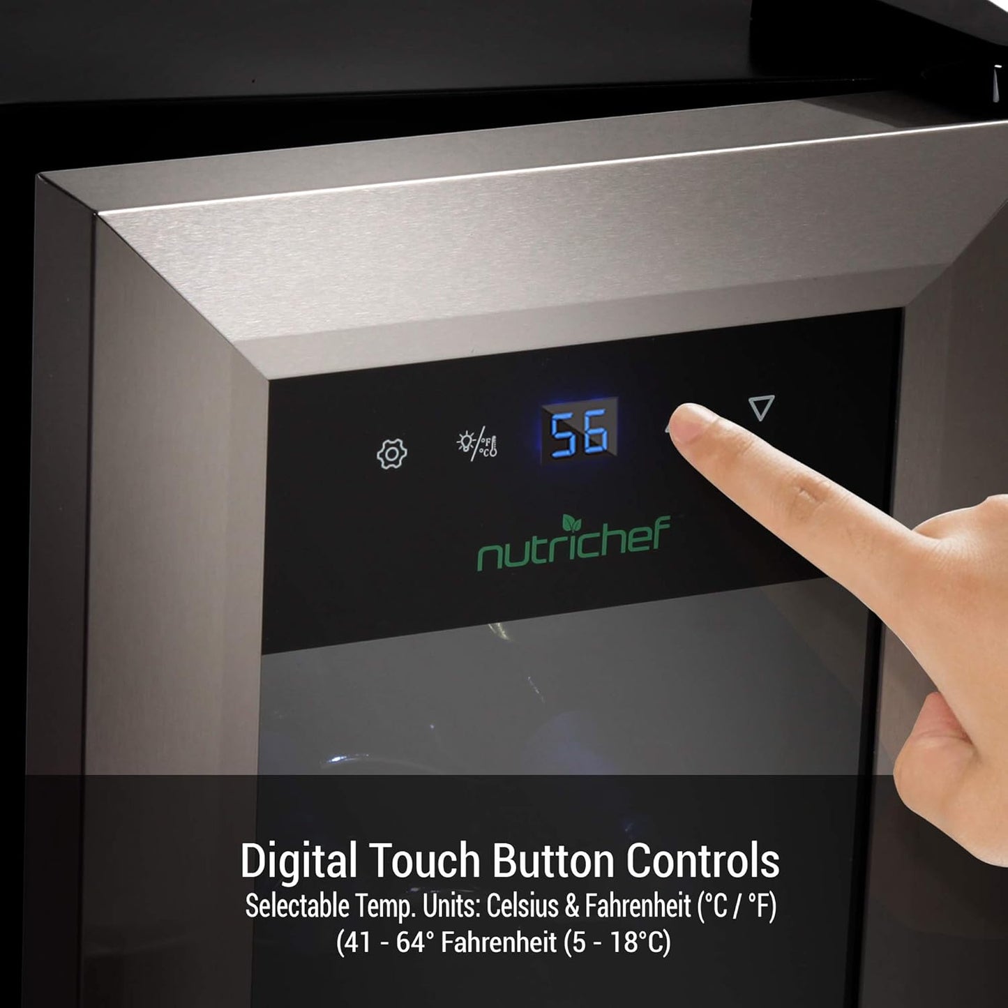 NutriChef PKCWC12 12 Bottle Cooler Refrigerator White and Red Countertop Chiller, Freestanding Compact Mini Wine Fridge with Digital Control, Stainless Steel