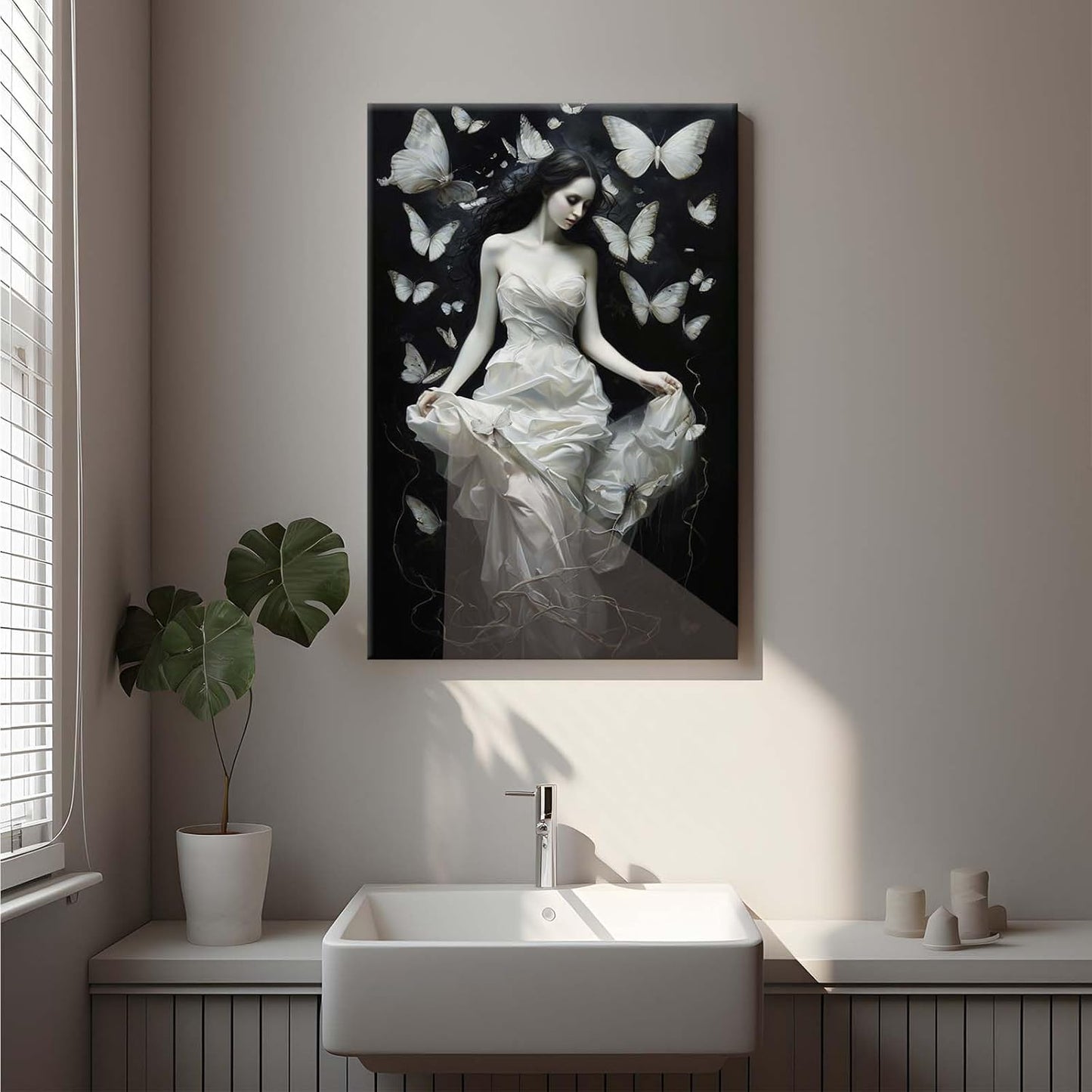 Vintage Gothic Feminine Canvas Wall Art Print Butterfly Poster Moody Preppy Wall Art Dark College Decor for Home Bedroom12x16in Wood Framed