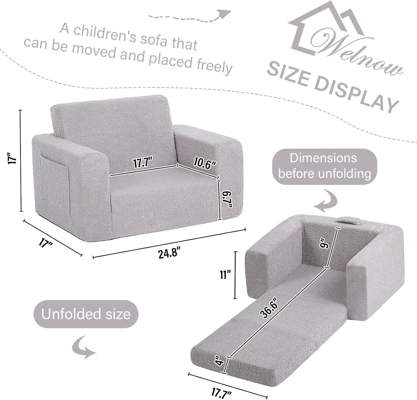 Welnow 2-in-1 Kids Sofa Chair, Convertible Toddler Chair Flip Out Children Sofa Chair Folding Kids Play Sofa with Side Pockets & Removable Cover Armrest Chair for Girl or Boy