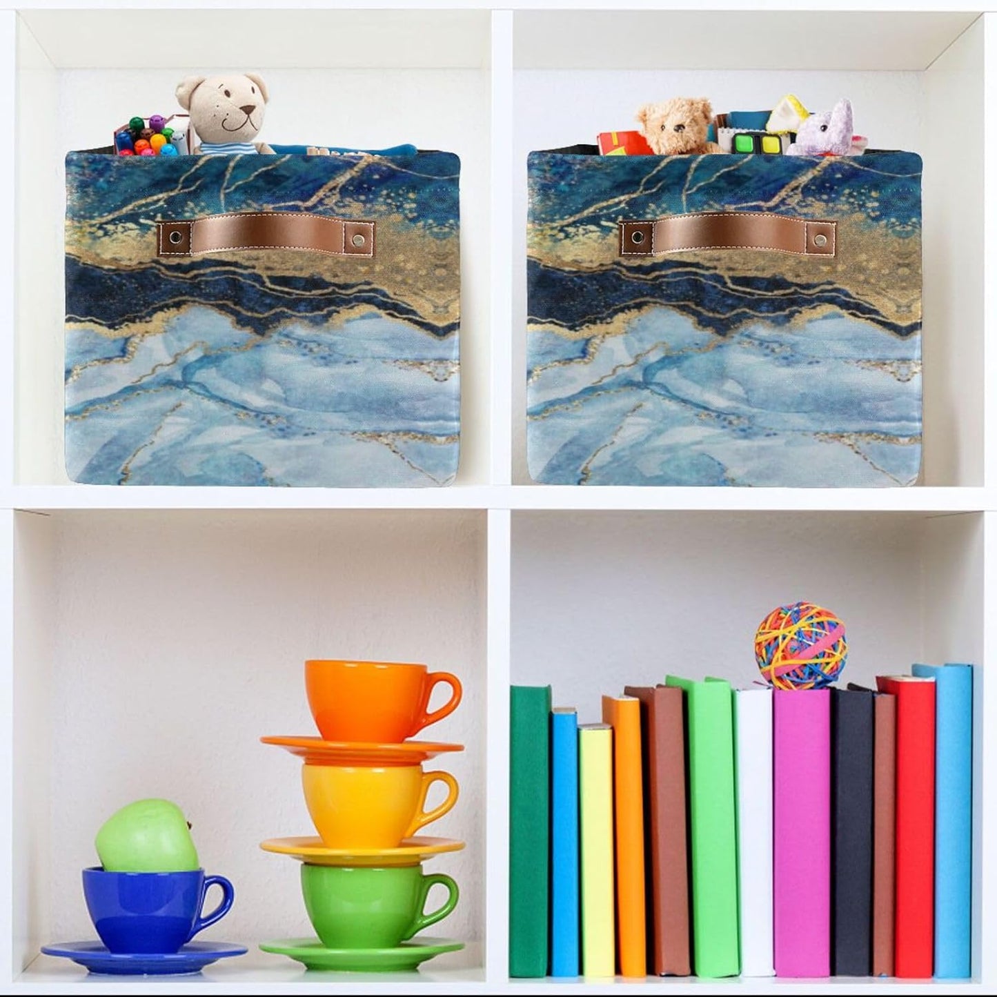 susiyo Storage Baskets for Shelves,Storage Bins for Organizing Shelf Nursery Toys, Decorative Linen Fabric Bins Cube with PU Handles 1 Pack，Blue Marble