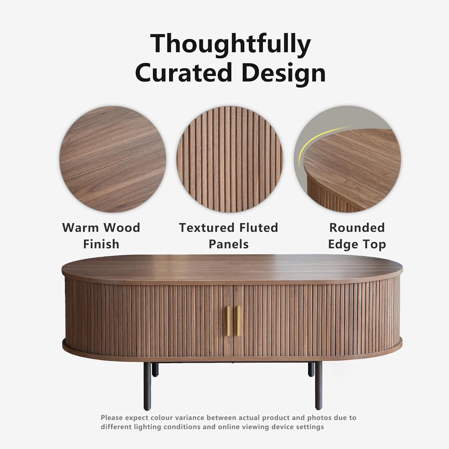 Mid Century Modern Coffee Table, 47.2" Oval Fluted Coffee Table with Storage and Sliding Doors, Minimalist Tea Table with Wood Grain Veneer, Retro Center Tables for Living Room, Walnut