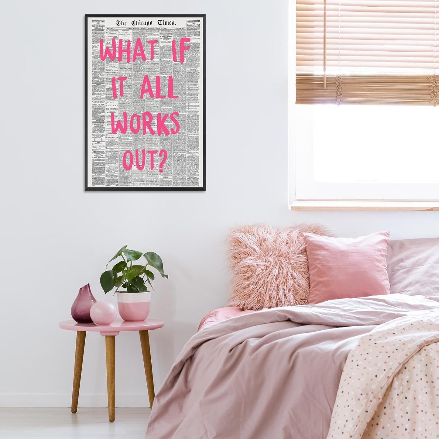 Liyark Retro Trendy Newspaper Canvas Wall Art 'What If All Works Out' Poster, Black and White, Pink Font, 24x36in Framed, Home Office Decor