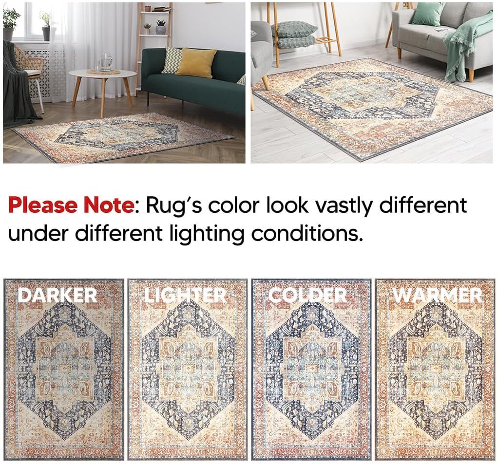 Keen Home Design 6x9 Rug - Machine Washable Area Rug with Non-Slip Backing, Ideal for Living Room, Dining Room, Bedroom - Vintage, Easy Clean, Durable, Low Pile Rug - (6' x 9')
