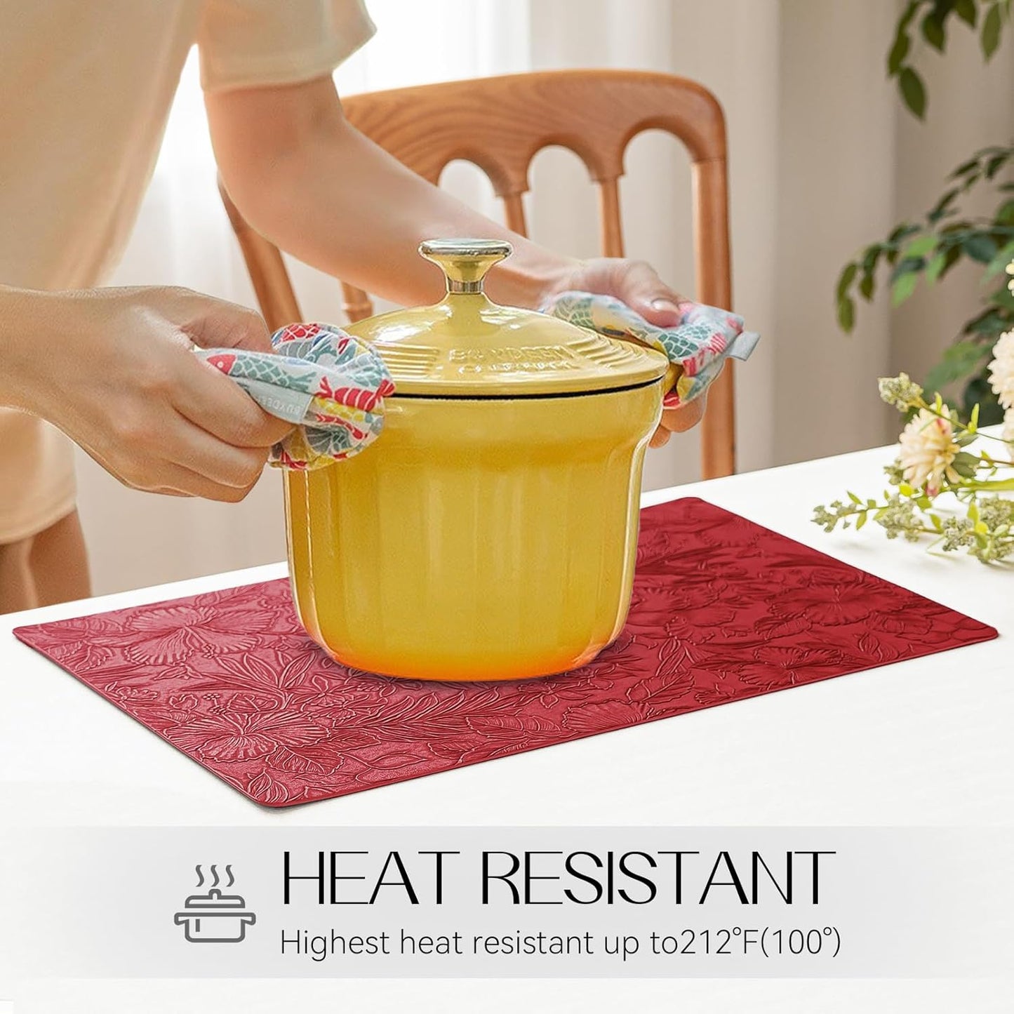 Romanstile Vinyl Placemats Set of 8-12 X 18 Inch - Heat Resistant Non-Slip Embossed Floral Place Mats 100% Waterproof Oilproof Wipeable Faux Leather Table Mats for Kitchen/Dining/Party, Red