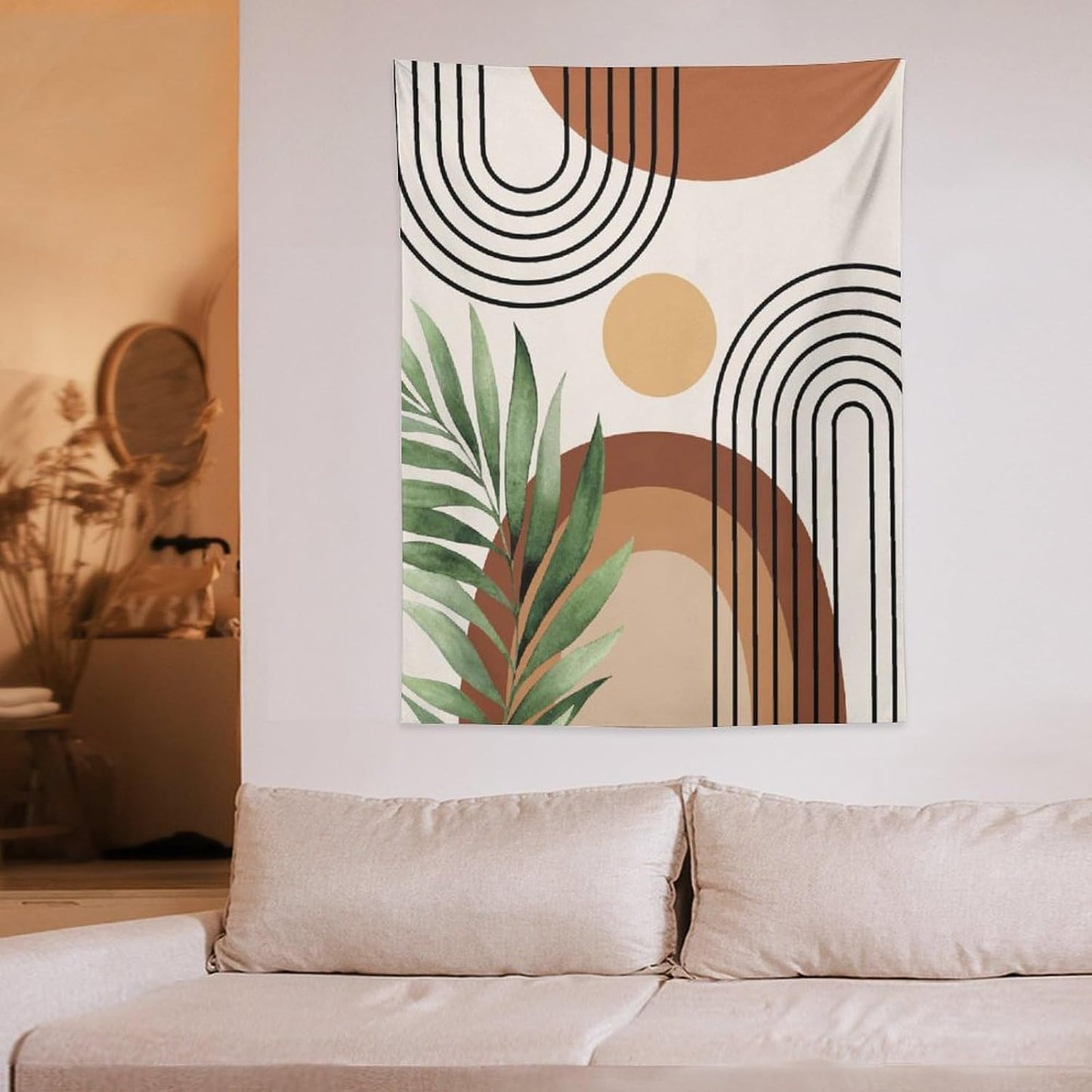 Abstract Bohemian Mid Century Tapestry, Tropical Leaves Modern Geometric Archway Minimalist Bohemian Botanical Aesthetic Wall Hanging, Sage Green Gold Home Decor Art for Bedroom 60x80 Inch