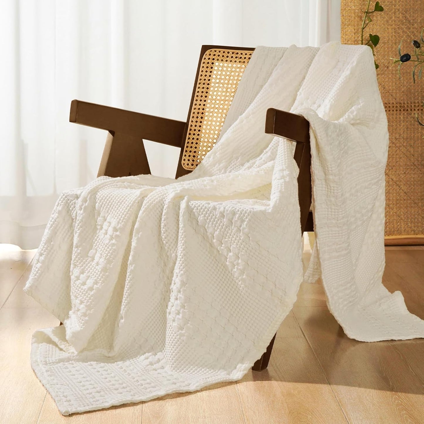 PHF 100% Cotton Waffle Weave Throw Blanket, Soft Lightweight Breathable Cozy Summer Throws for Couch Bed Sofa, Luxury Aesthetic Woven Blanket for Home Decor & Office, 50"x60", Ivory
