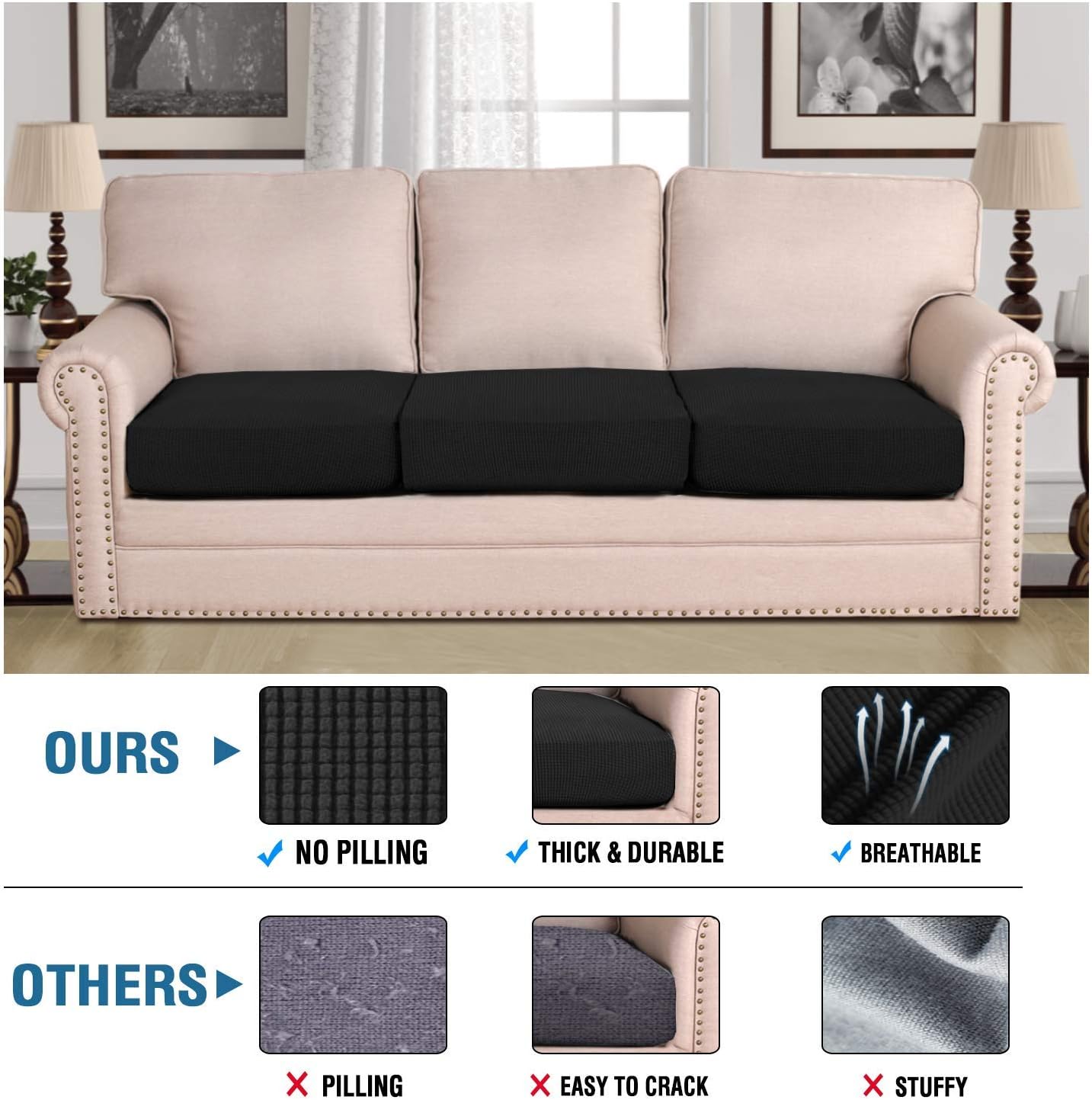 H.VERSAILTEX Super Stretch Individual Seat Cushion Covers Sofa Couch Slipcover Sets Thick Jacquard Textured Twill Fabric (3 Piece Covers, Black)